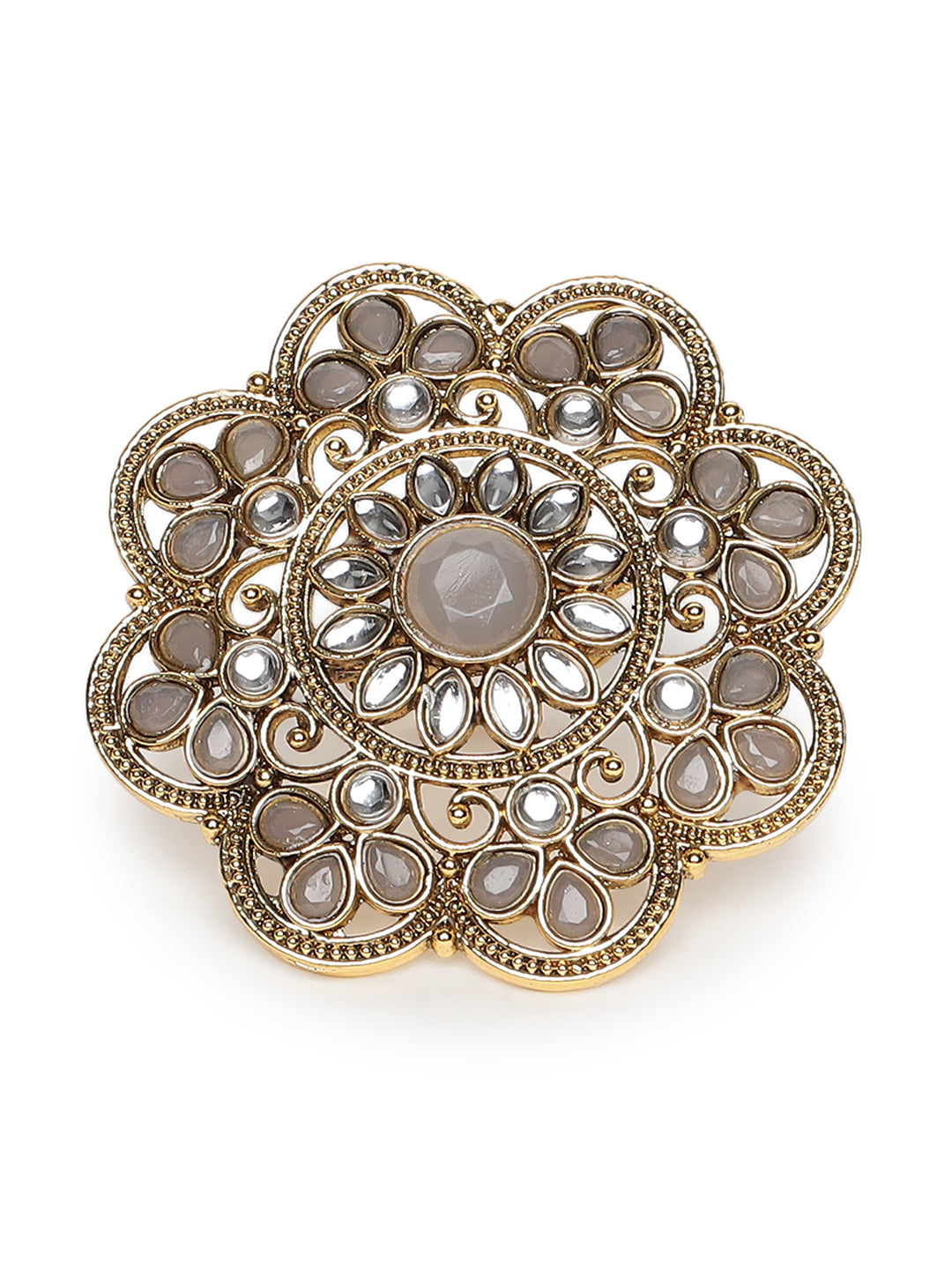 Gold-Plated Grey Kundan-Studded Finger Ring - Jazzandsizzle