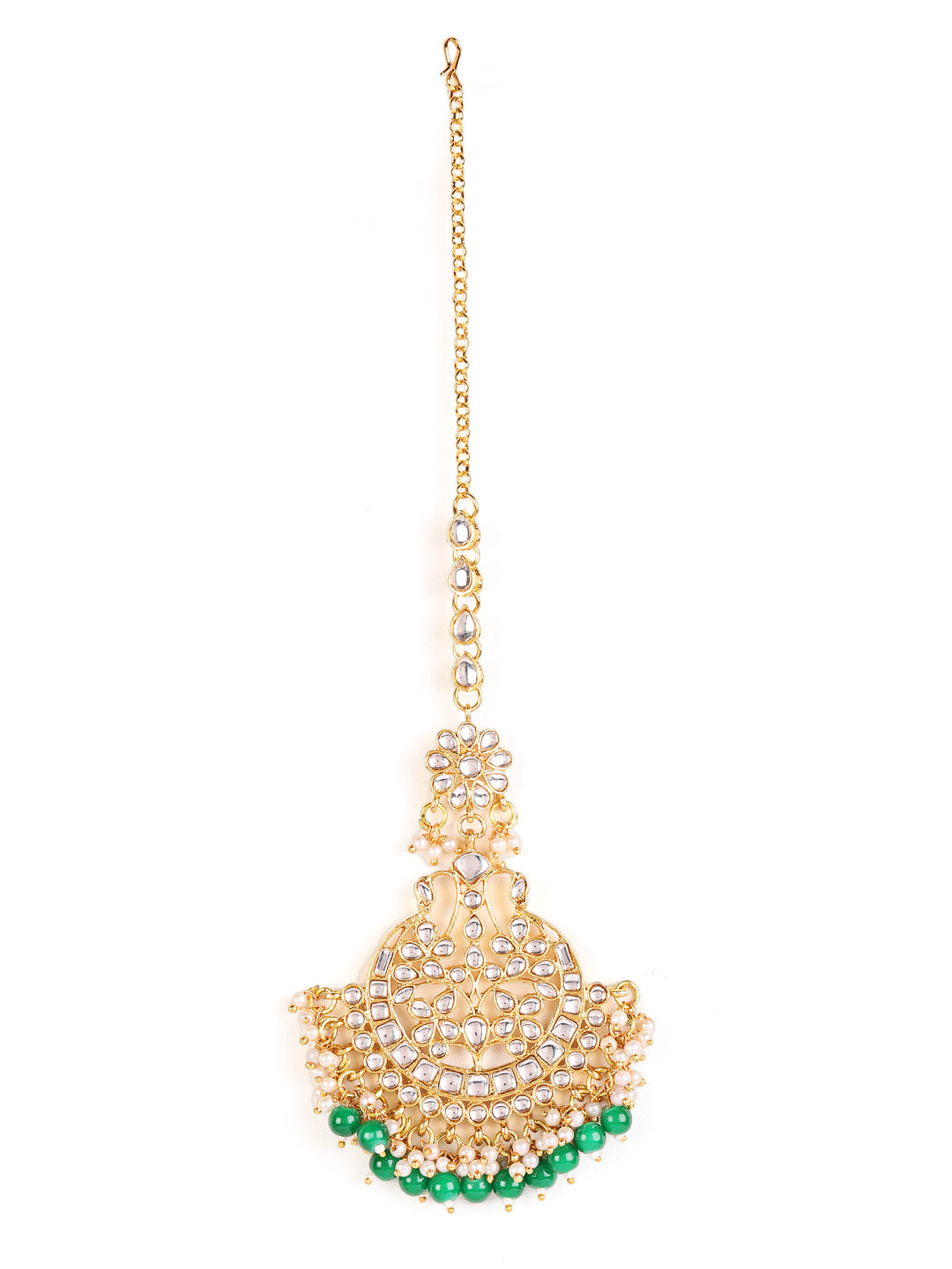 Gold-Toned Green & White Kundan stone studded & Pearls Beaded Traditional Maangtikka - Jazzandsizzle
