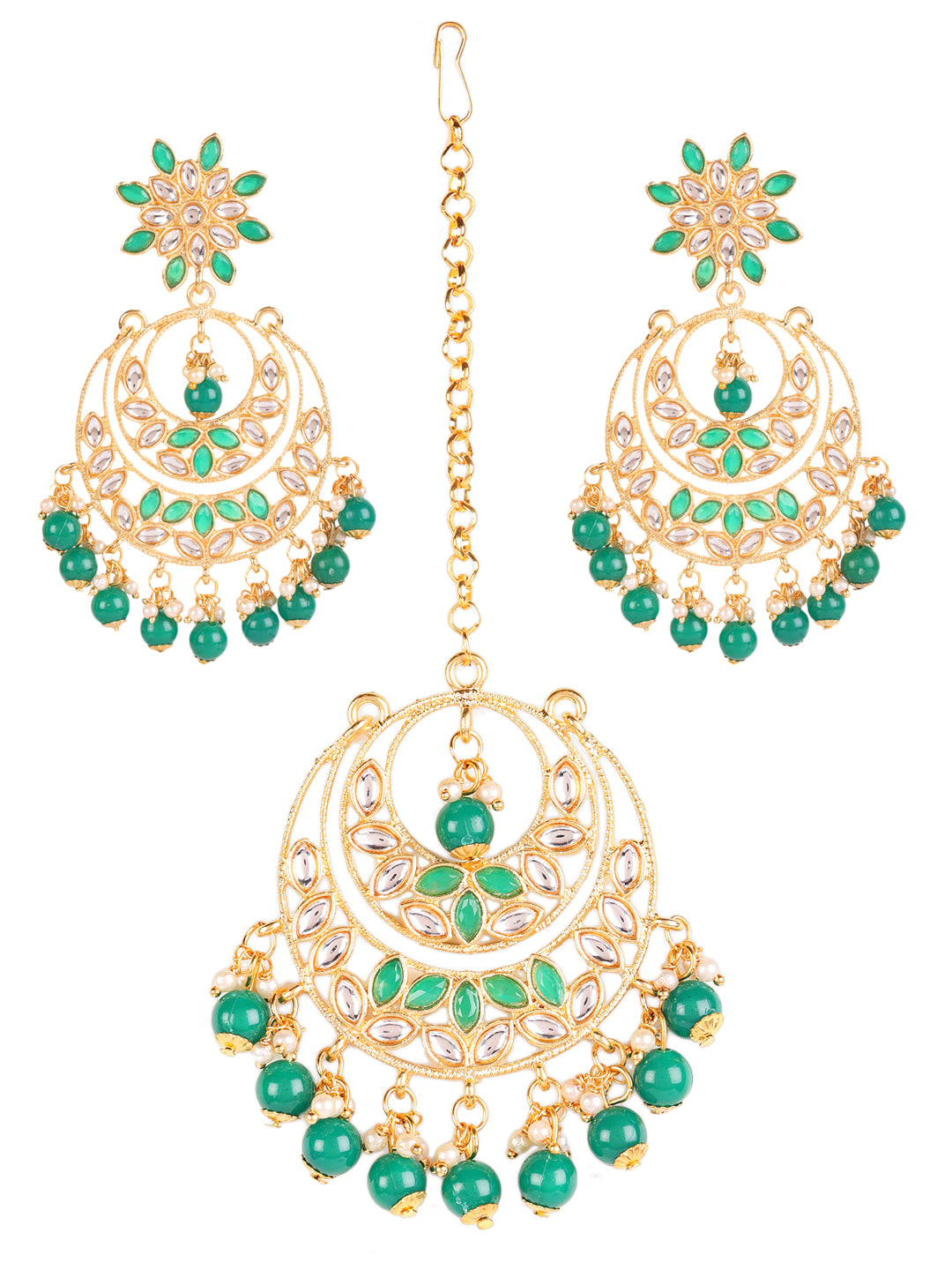 Gold-Toned Green & White Kundan stone studded & Pearls Beaded Traditional Maangtikka & Earrings Set - Jazzandsizzle