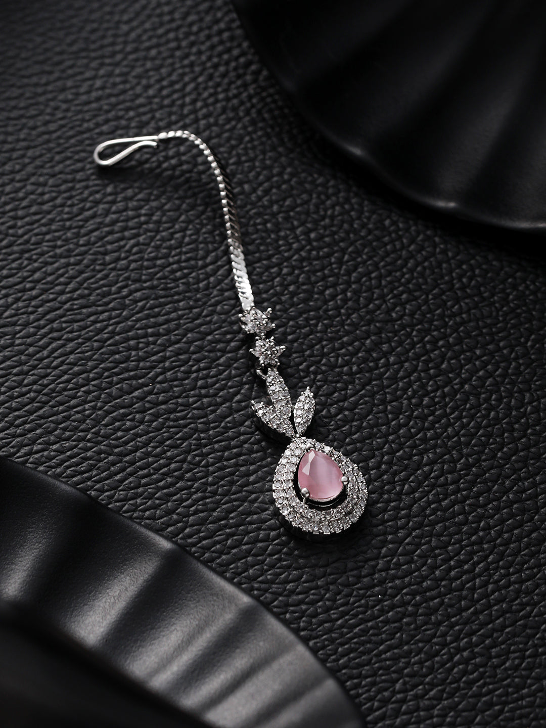 Silver Plated & Pink AD Studded Teardrop Shaped Maang Tika - Jazzandsizzle