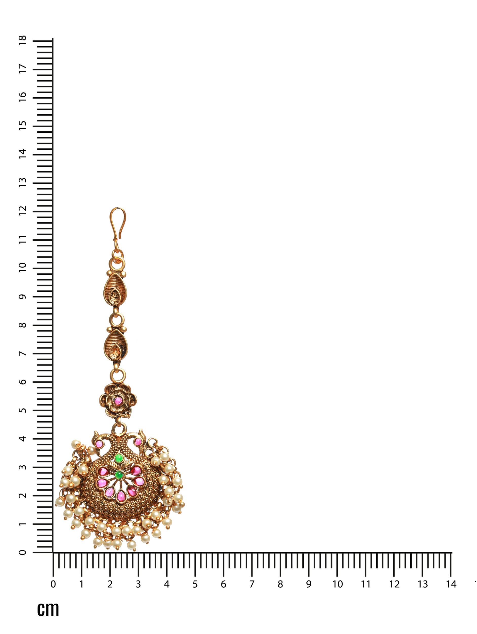 Gold-Plated Green & Pink Stone-Studded & Beaded Temple Maang Tikka - Jazzandsizzle