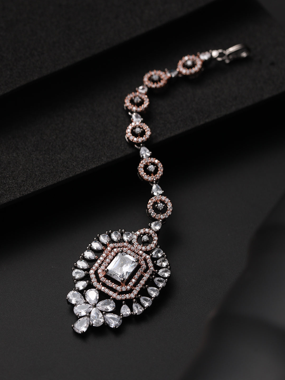 Silver-Plated Dual-Toned American Diamond Studded Maang Tikka - Jazzandsizzle