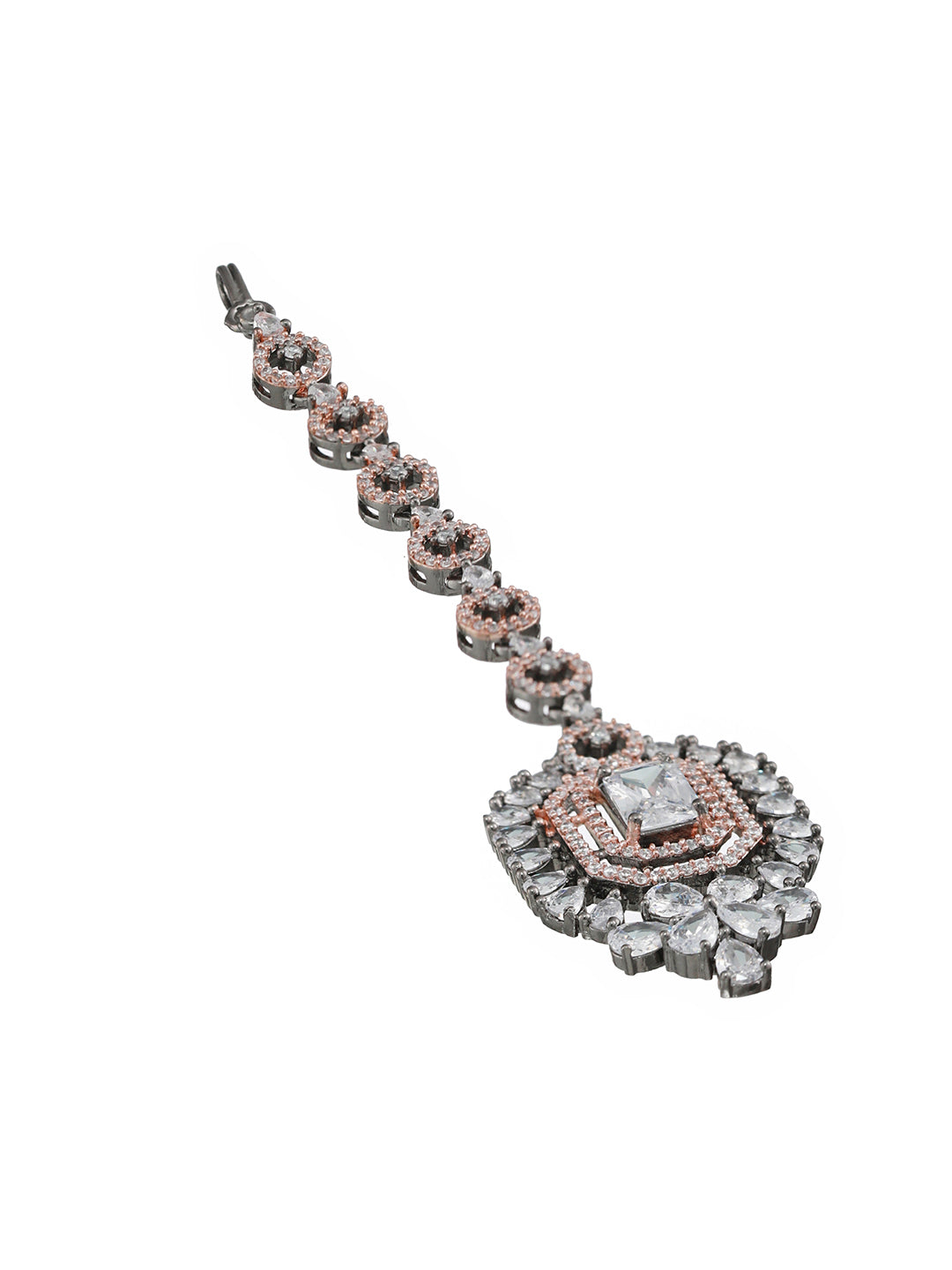 Silver-Plated Dual-Toned American Diamond Studded Maang Tikka - Jazzandsizzle