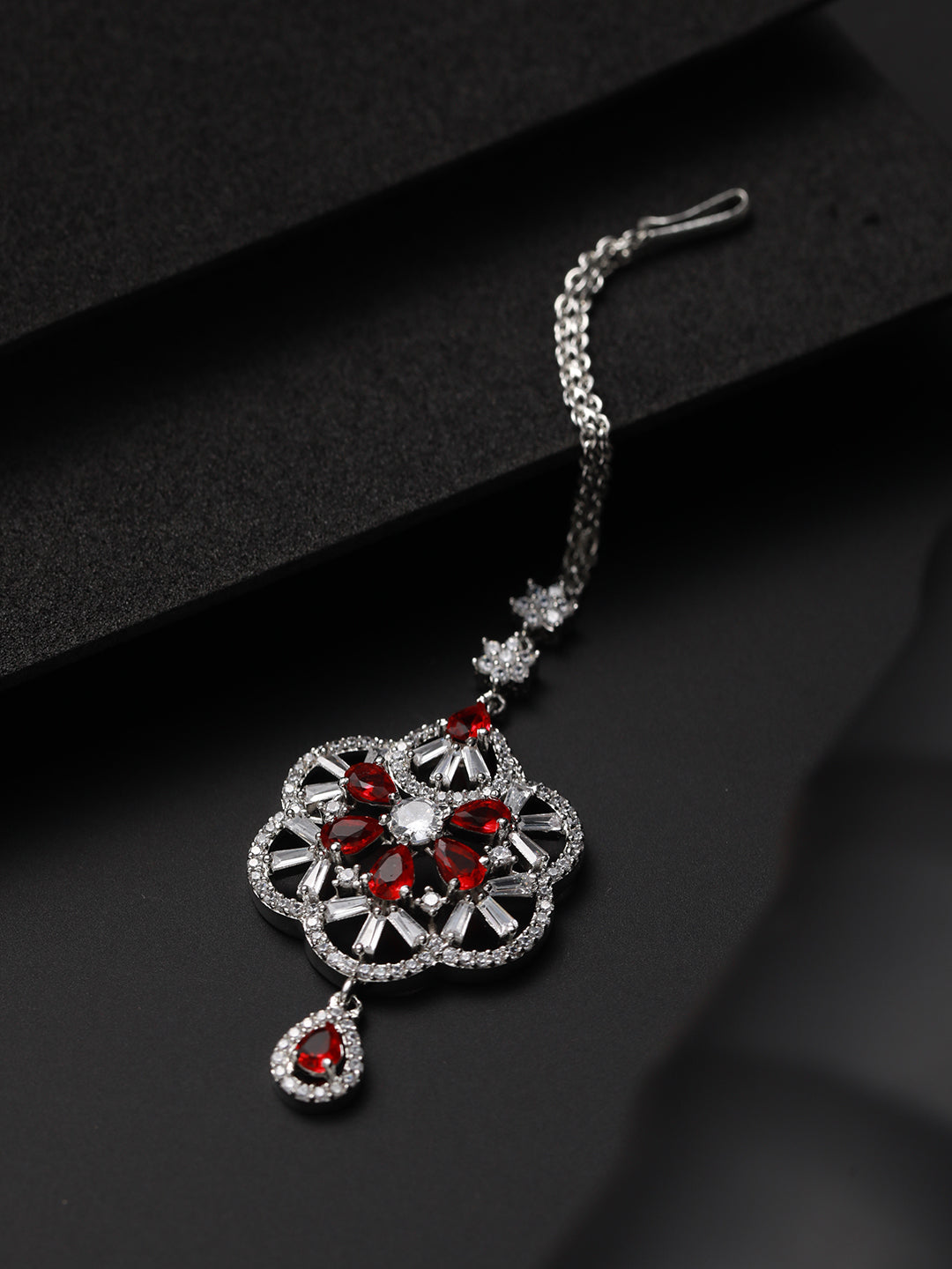 Women Silver-Plated Red & White American Diamond Studded Handcrafted Maang Tikka - Jazzandsizzle