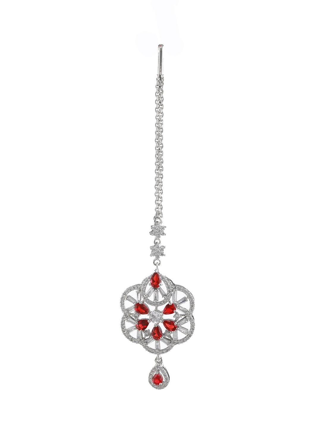 Women Silver-Plated Red & White American Diamond Studded Handcrafted Maang Tikka - Jazzandsizzle