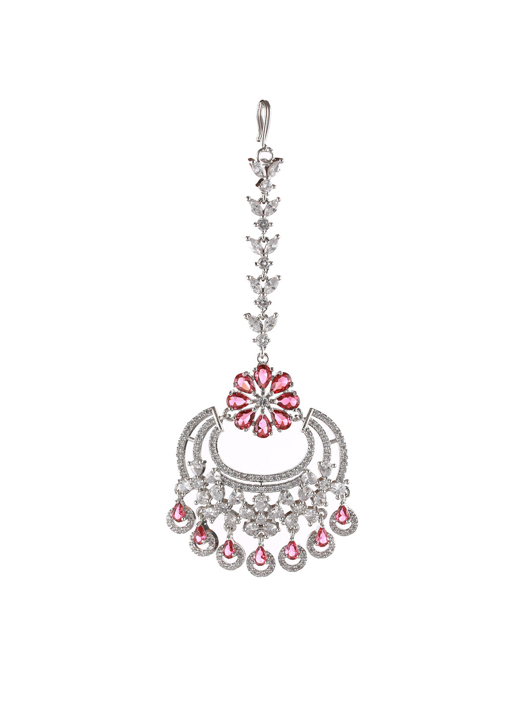 Silver Plated Ruby & White AD Studded Handcrafted Maang Tika - Jazzandsizzle