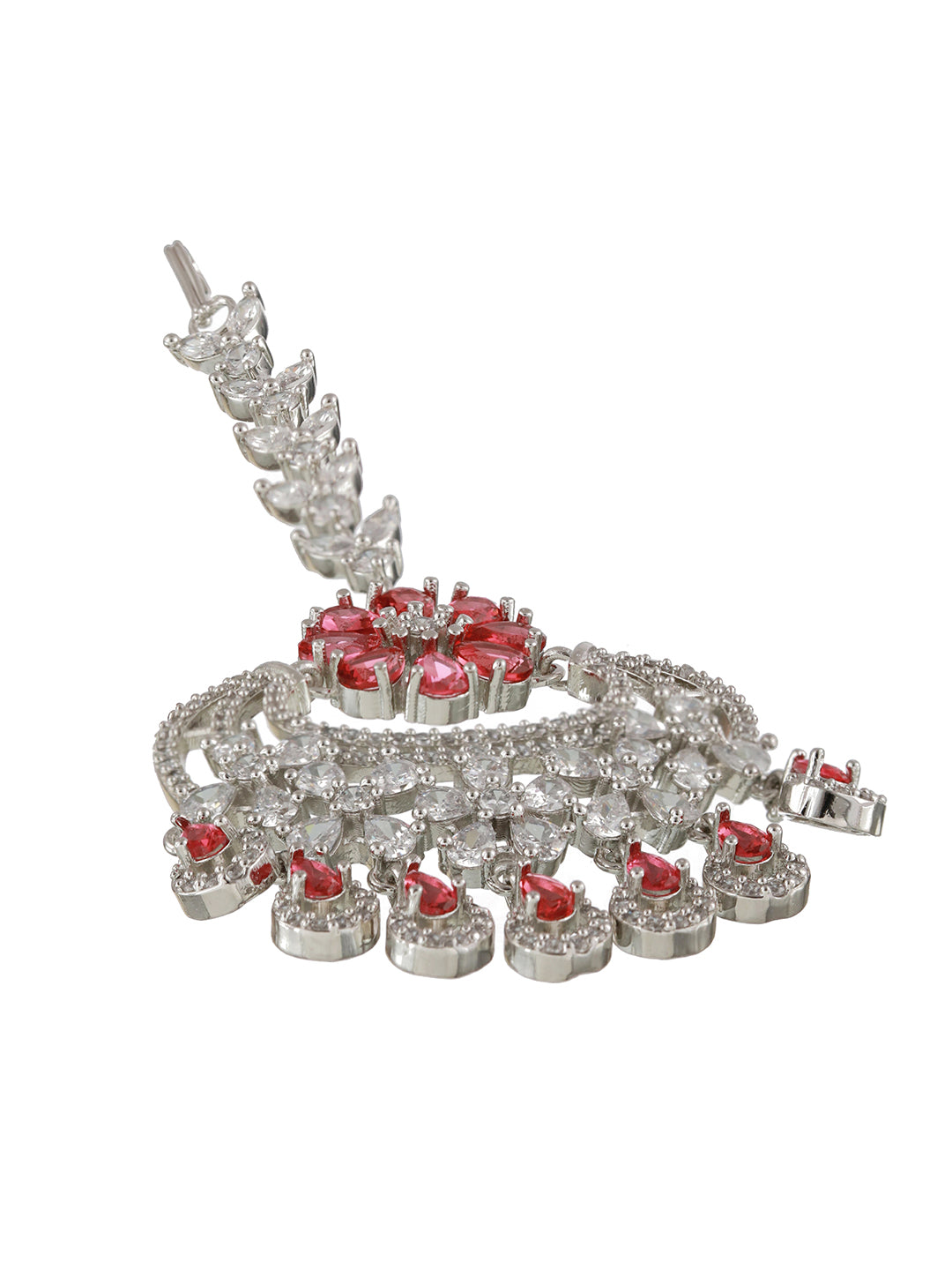 Silver Plated Ruby & White AD Studded Handcrafted Maang Tika - Jazzandsizzle