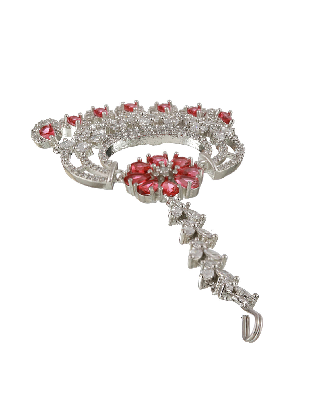 Silver Plated Ruby & White AD Studded Handcrafted Maang Tika - Jazzandsizzle