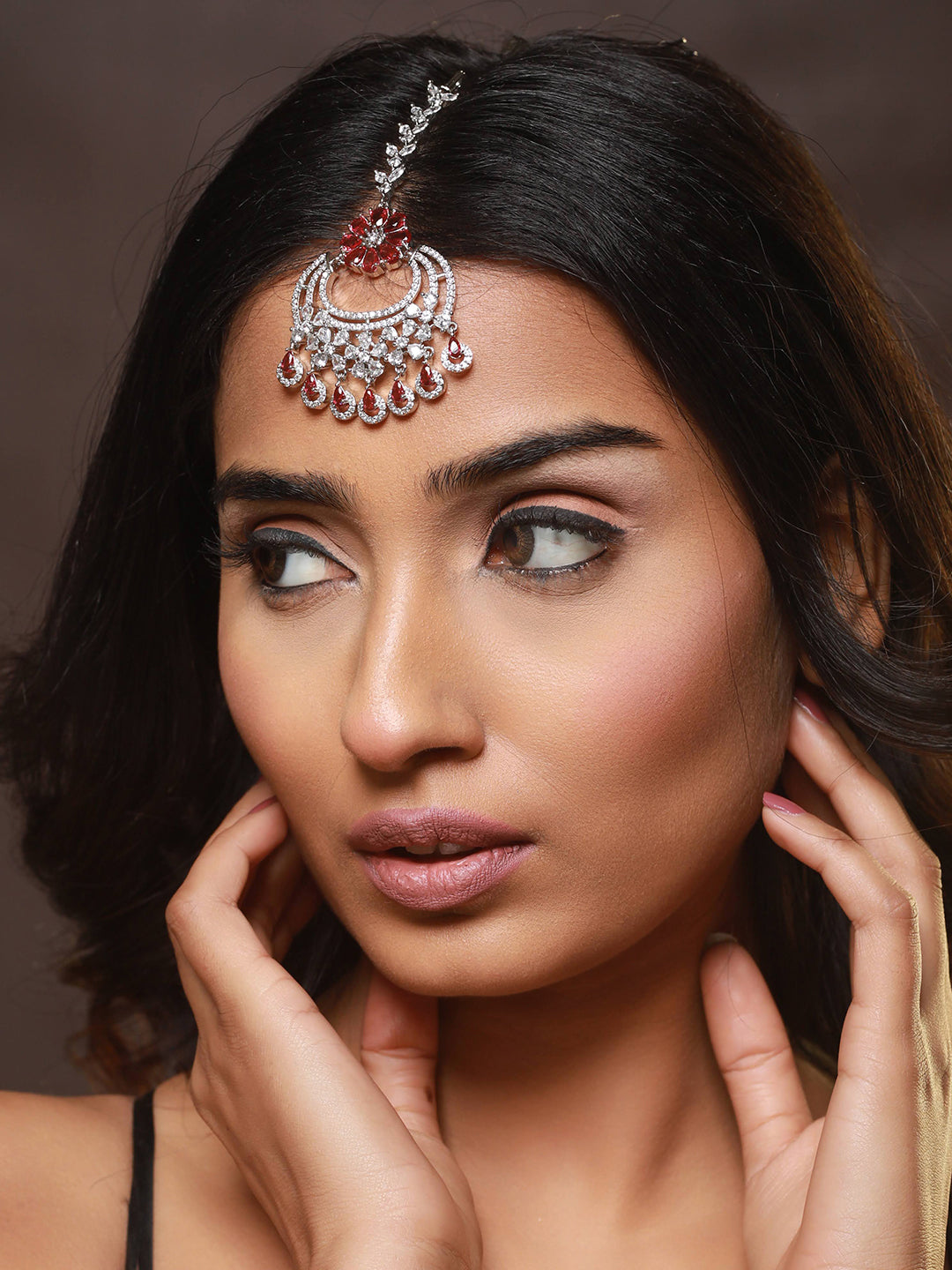 Silver Plated Ruby & White AD Studded Handcrafted Maang Tika - Jazzandsizzle