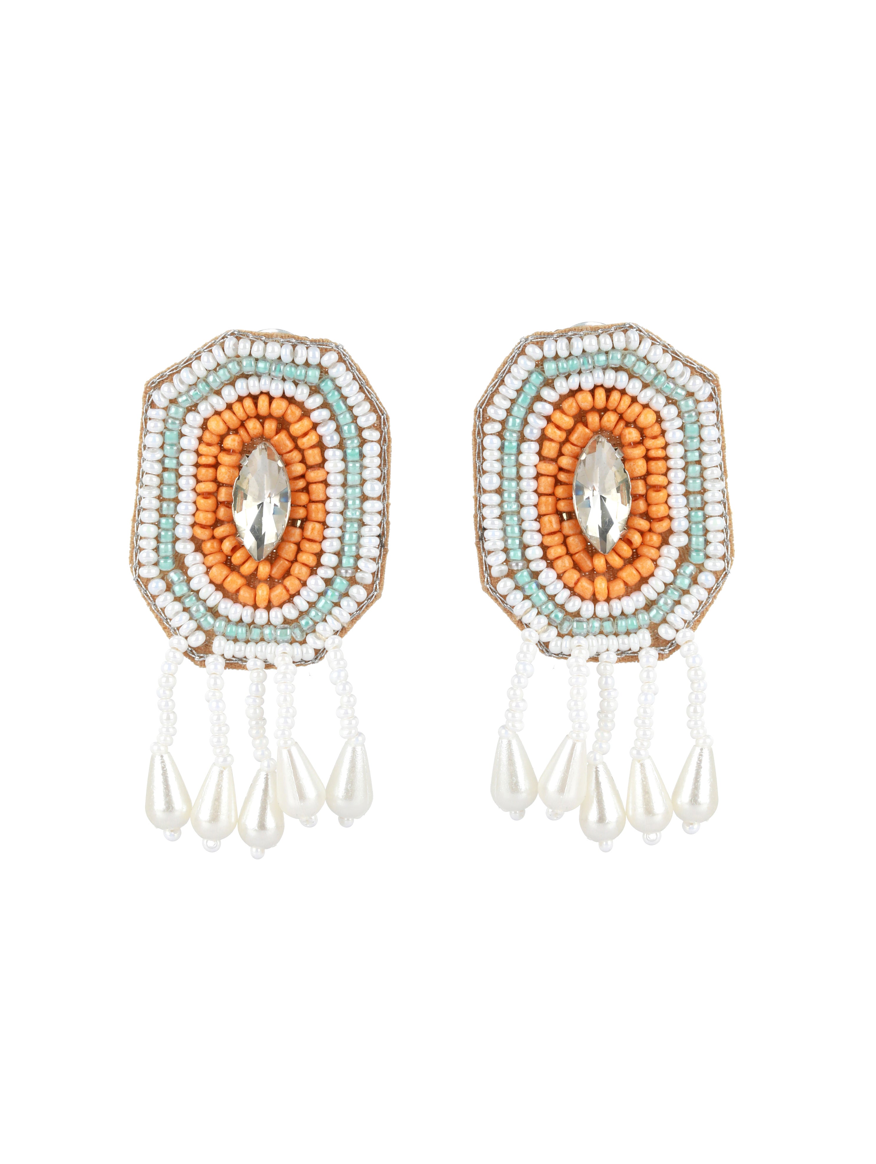 White Crystal Studded Gold-Plated Orange Beaded & Handcrafted Jewellery Set with Ring - Jazzandsizzle