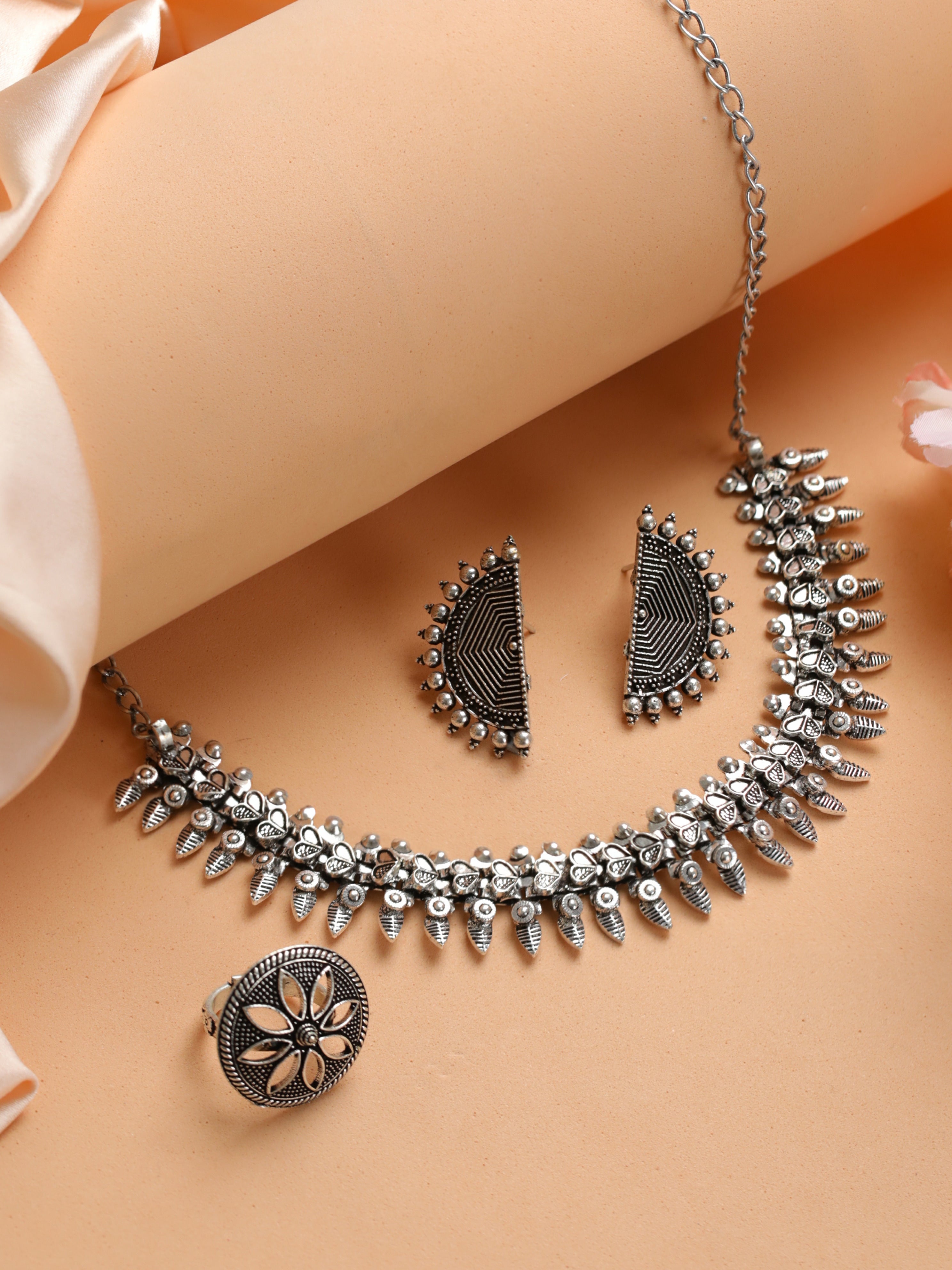 Oxidised Silver-Plated German Silver Jewellery Set with Ring - Jazzandsizzle