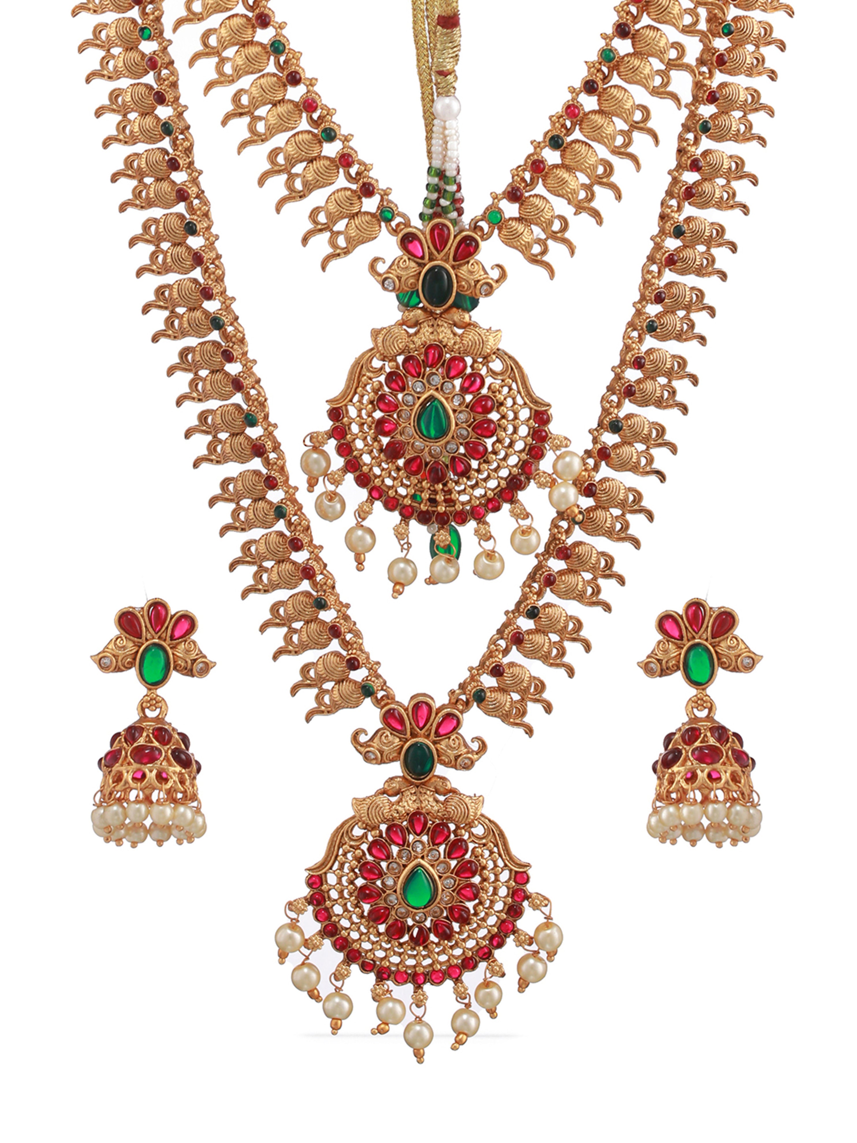 Set of 2 Green & Red Stone studded & Beaded Gold-Plated Temple Choker Jewellery Set - Jazzandsizzle