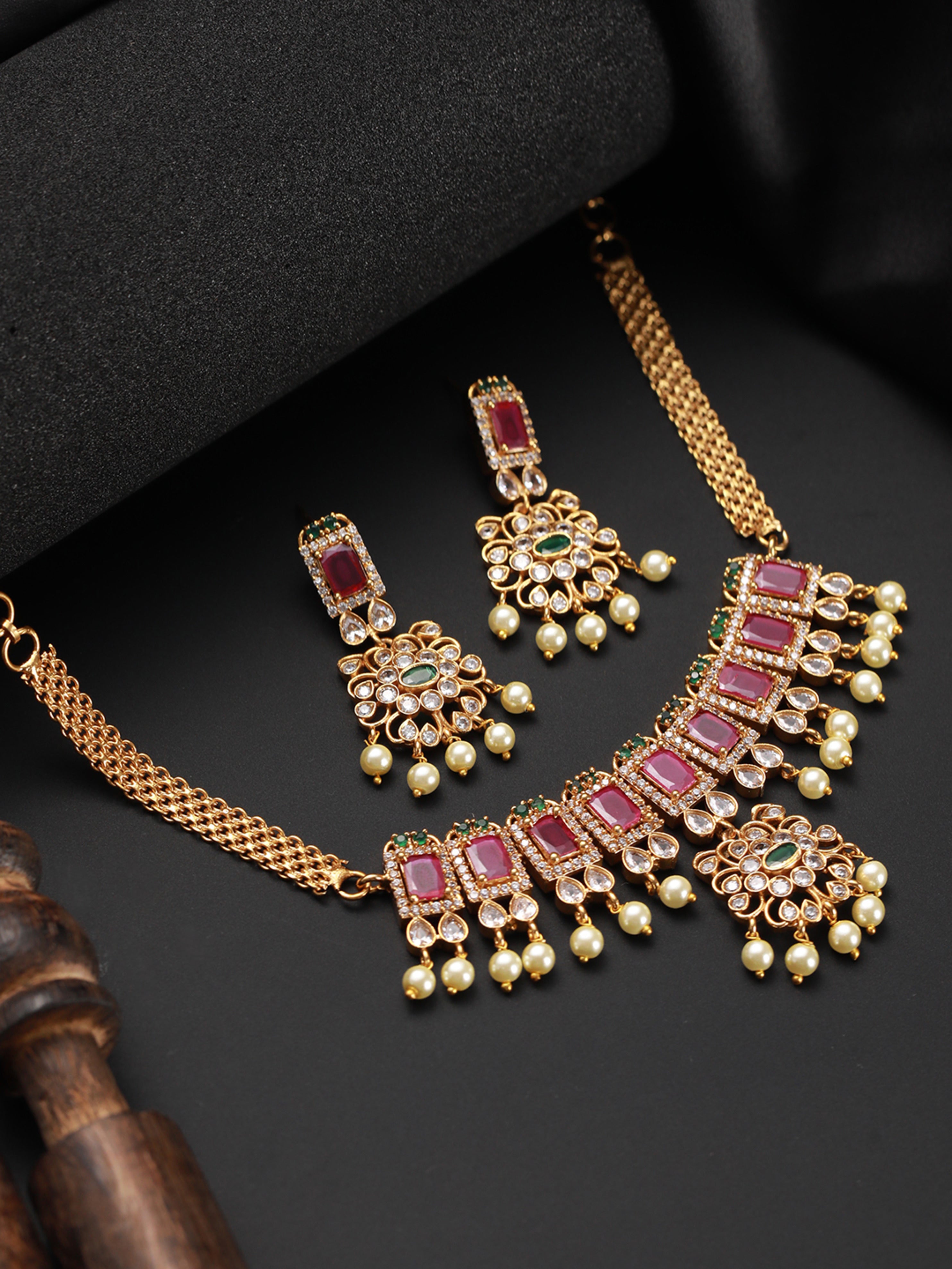 Gold-Plated American Diamond Studded Ruby & Emerald Stone Temple Choker Jewellery Set - Jazzandsizzle