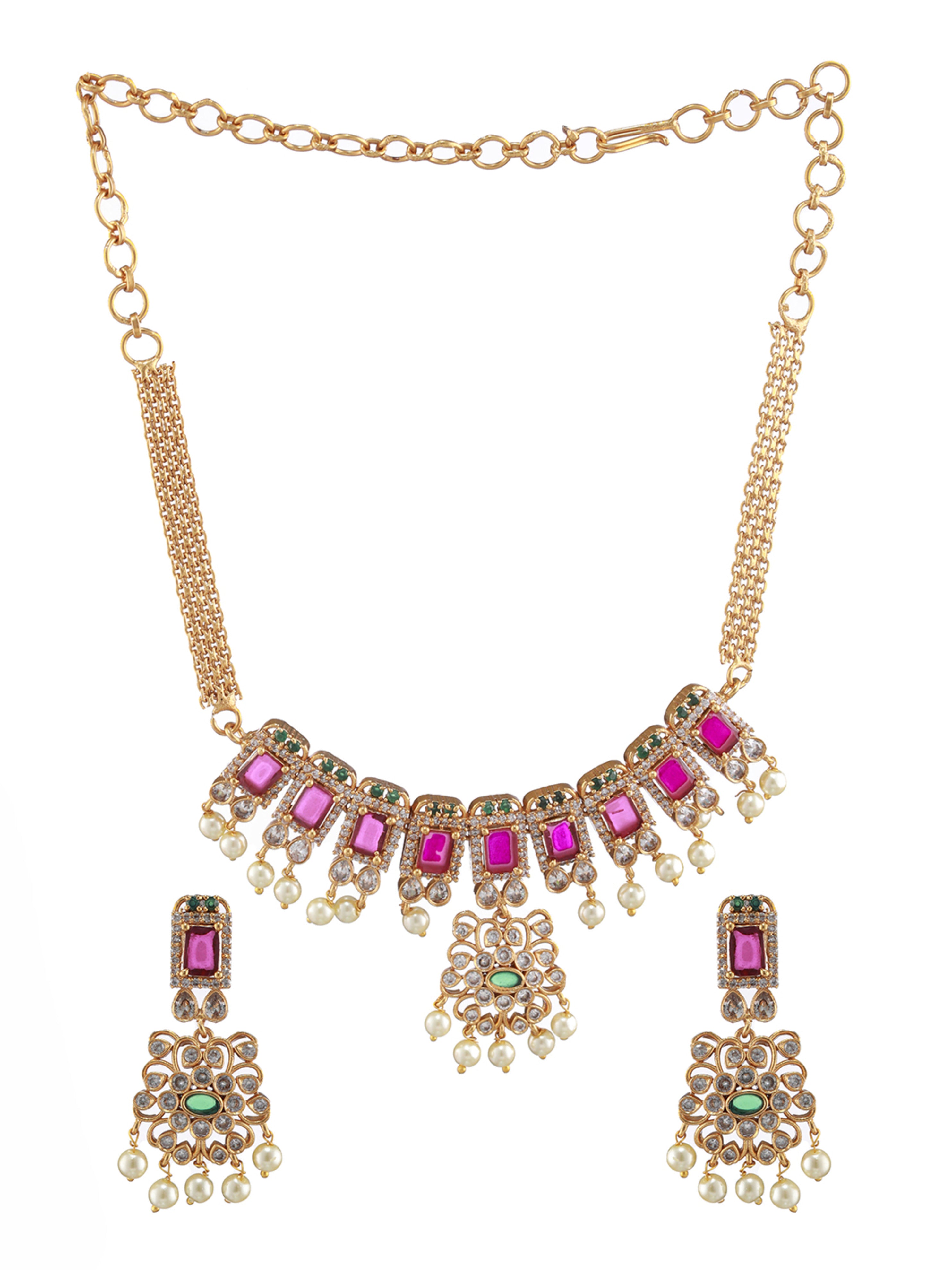 Gold-Plated American Diamond Studded Ruby & Emerald Stone Temple Choker Jewellery Set - Jazzandsizzle