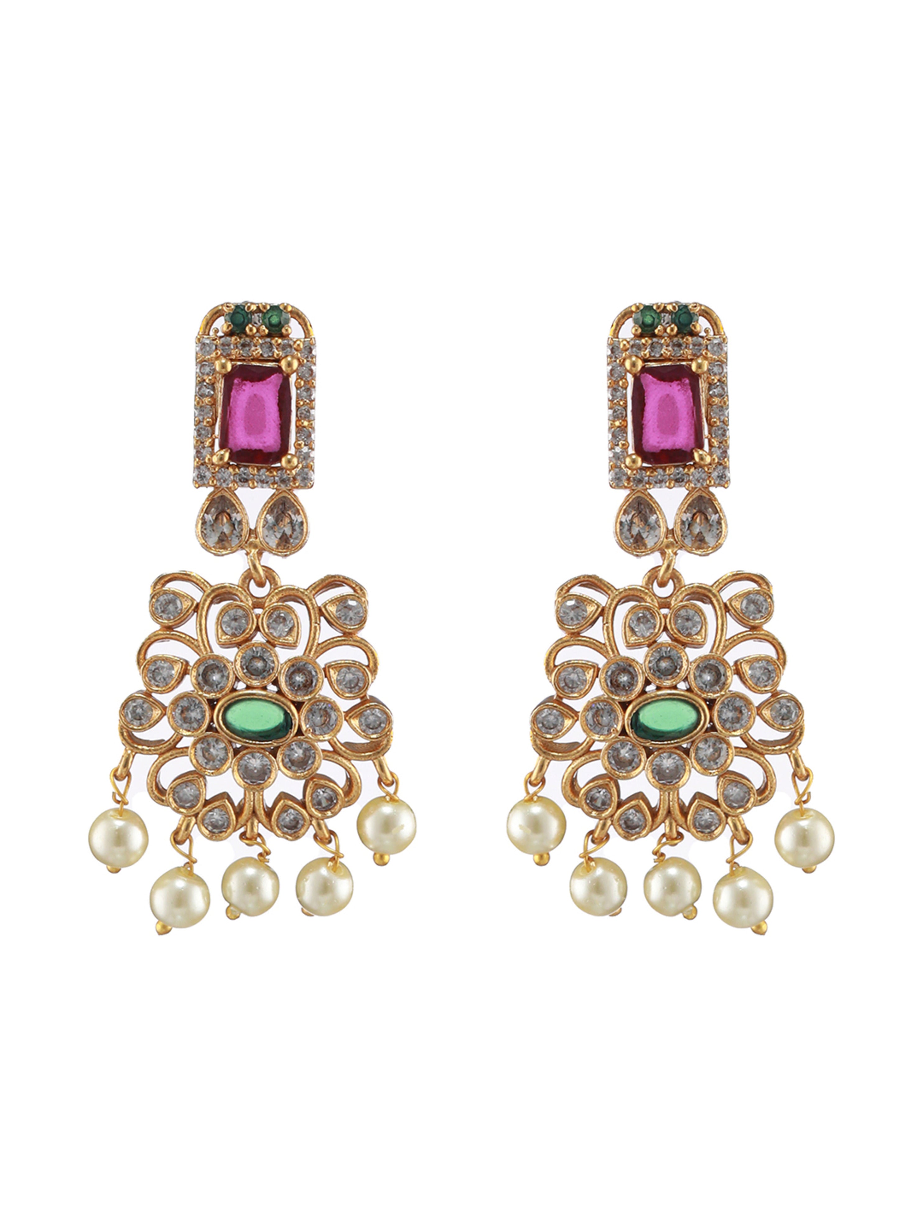 Gold-Plated American Diamond Studded Ruby & Emerald Stone Temple Choker Jewellery Set - Jazzandsizzle