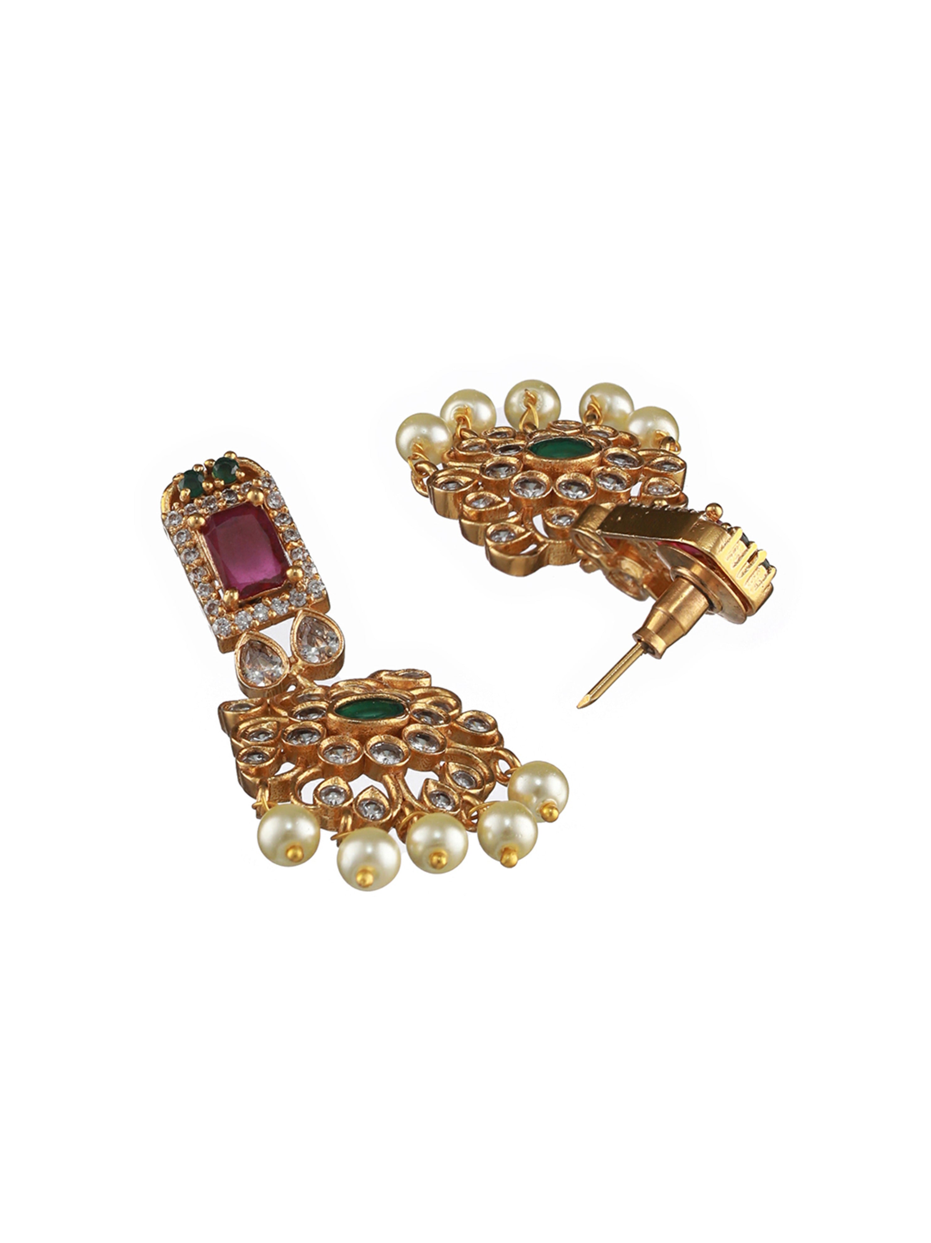 Gold-Plated American Diamond Studded Ruby & Emerald Stone Temple Choker Jewellery Set - Jazzandsizzle