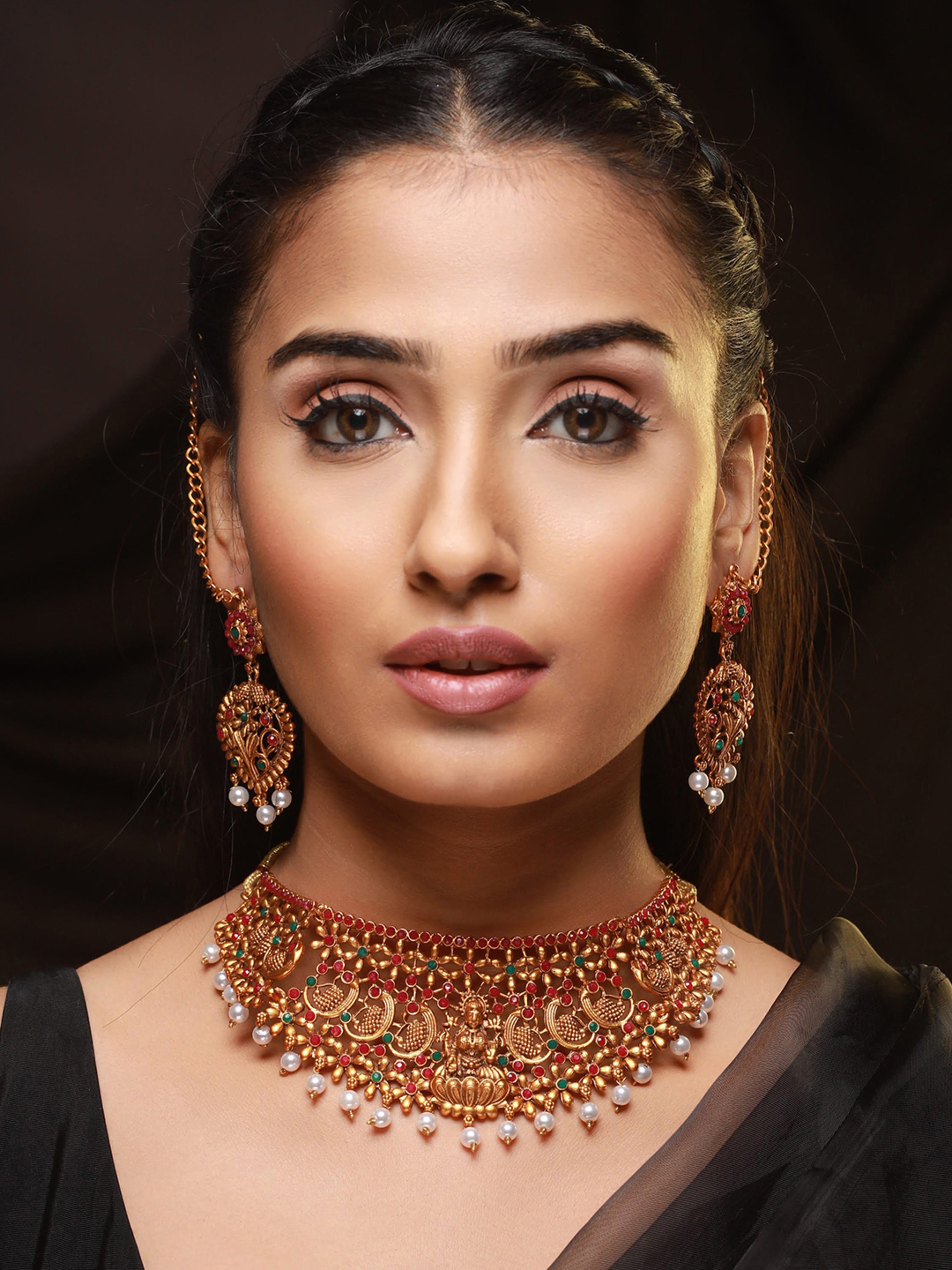 Gold-Plated Red & Green Stone-Studded Temple Choker Set - Jazzandsizzle