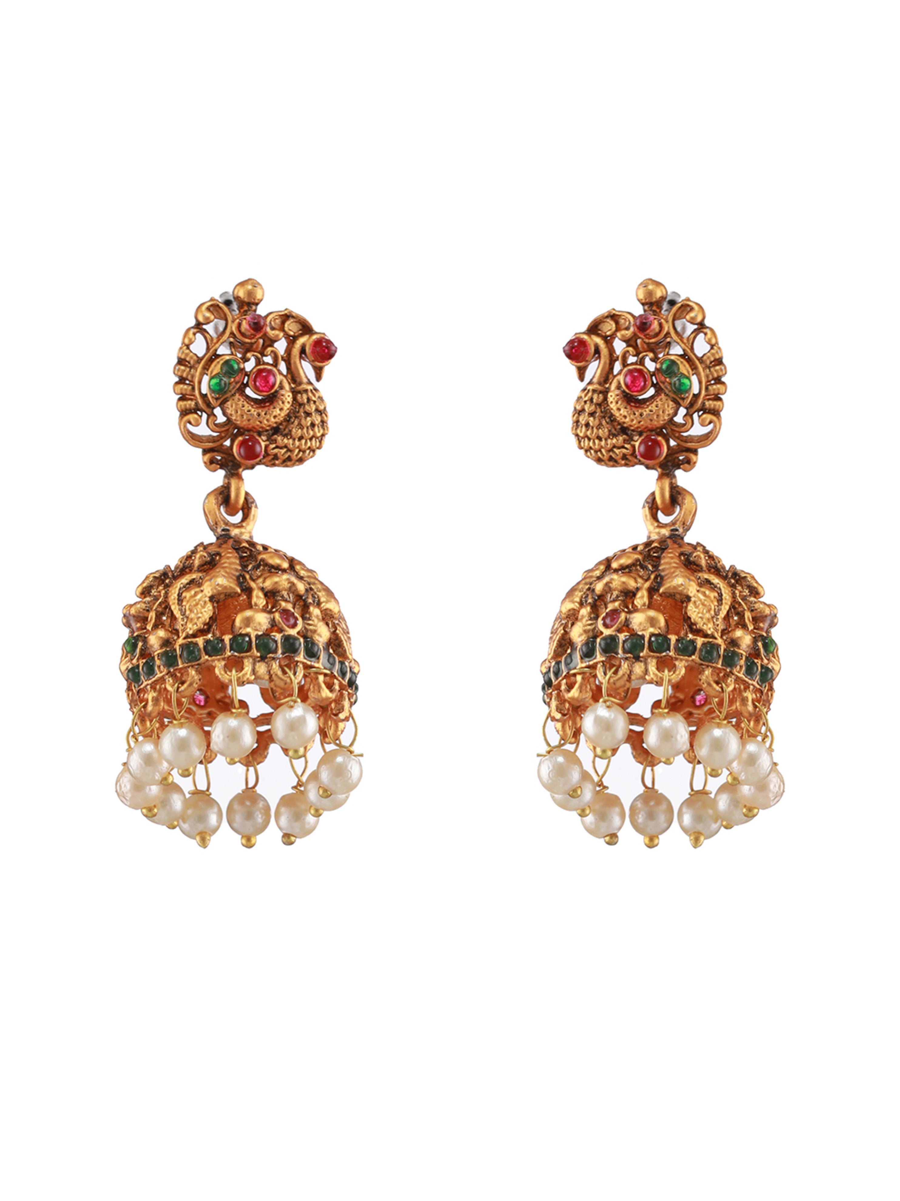 Gold-Plated Pink & Green Stone-Studded & Beaded Handcrafted, Peacock Motif Temple Choker Set - Jazzandsizzle