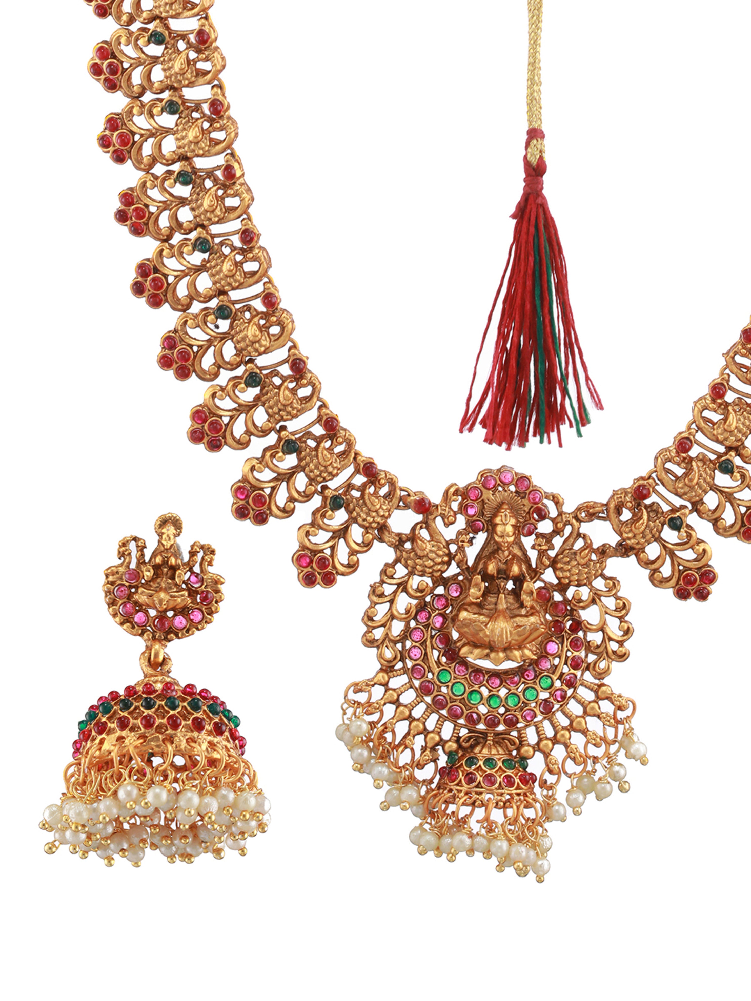 Gold-Plated Red & Green Stone-Studded & Pearl Beaded Lakshmi Temple Jewellery Set - Jazzandsizzle