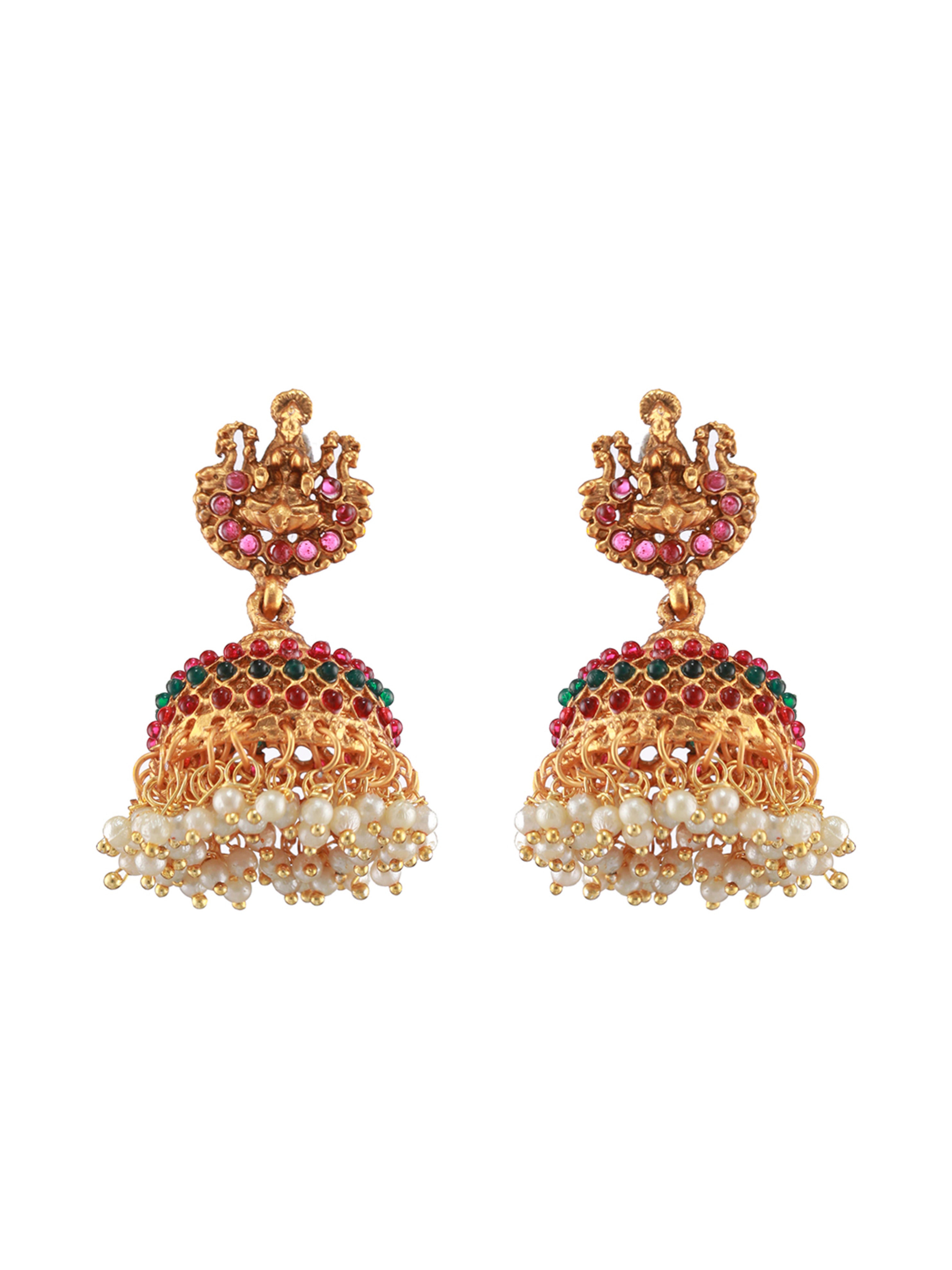 Gold-Plated Red & Green Stone-Studded & Pearl Beaded Lakshmi Temple Jewellery Set - Jazzandsizzle