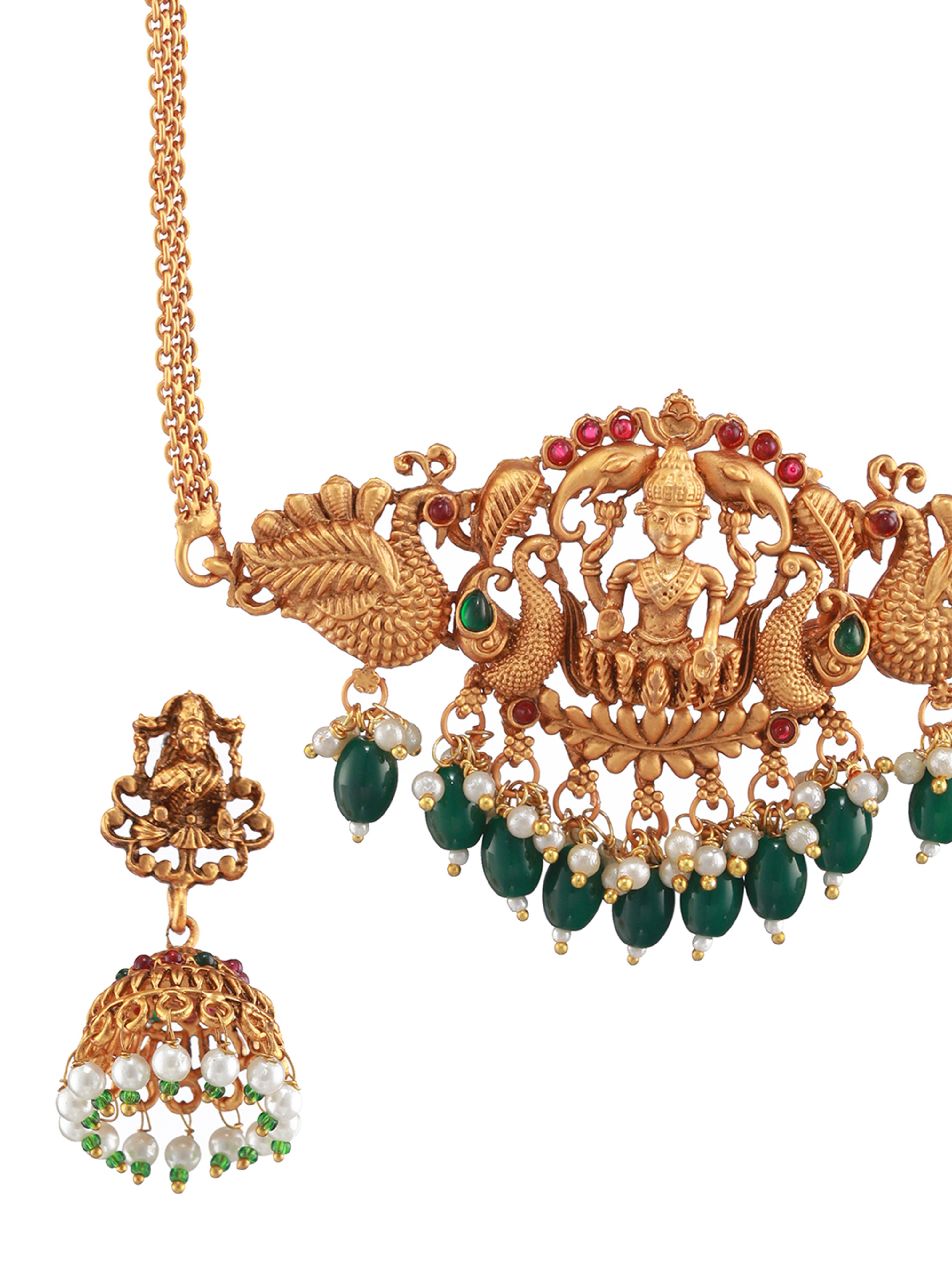 Gold-Plated Red & Green Stone-Studded & Beads-Beaded Lakshmi Temple Jewellery Set - Jazzandsizzle