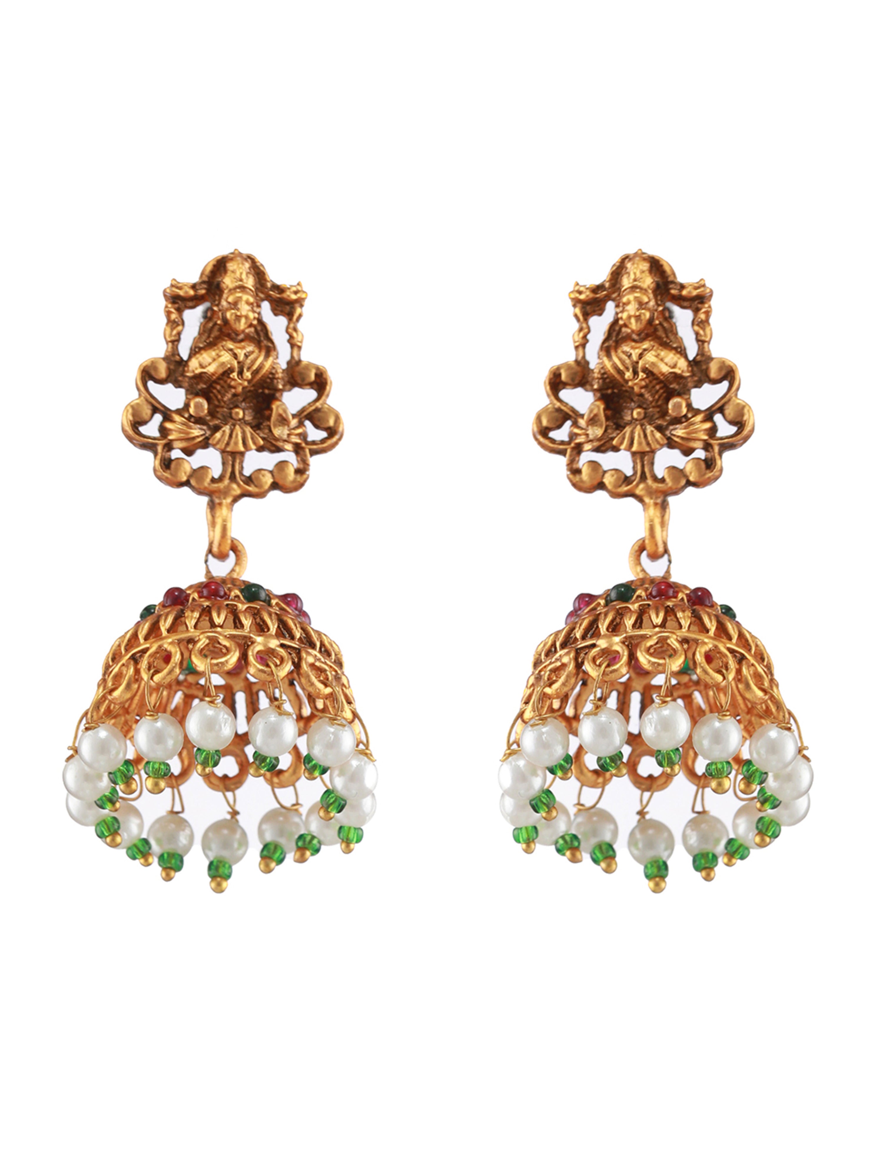 Gold-Plated Red & Green Stone-Studded & Beads-Beaded Lakshmi Temple Jewellery Set - Jazzandsizzle