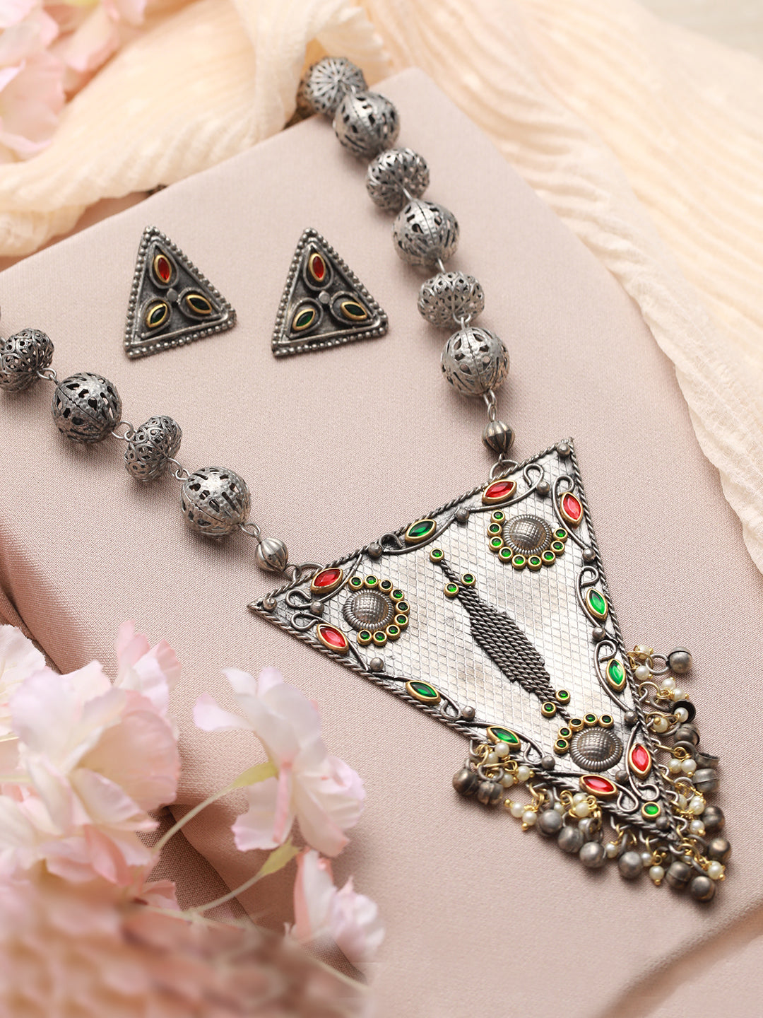 Oxidised Silver-Plated & Kundan Studded & Ghungroo Beads Handcrafted Jewellery Set - Jazzandsizzle