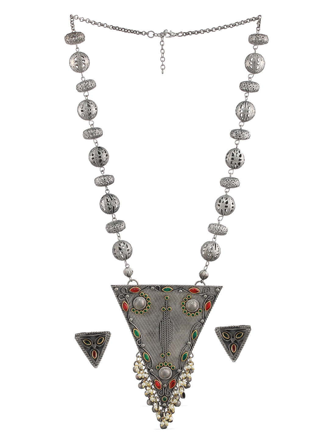 Oxidised Silver-Plated & Kundan Studded & Ghungroo Beads Handcrafted Jewellery Set - Jazzandsizzle