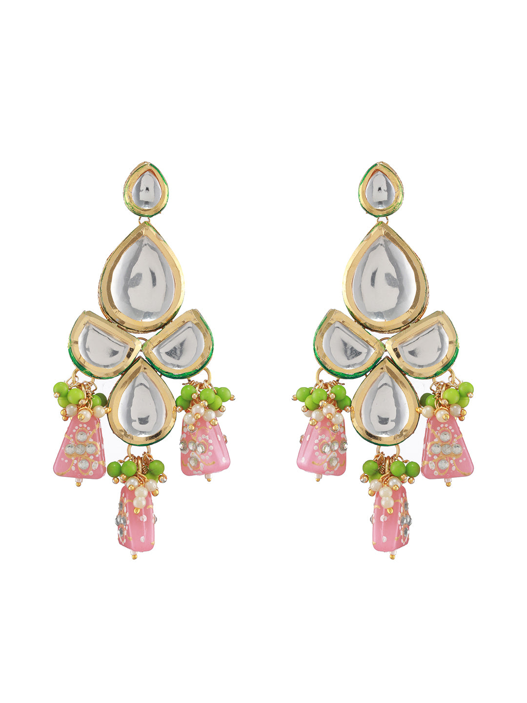 Women Pink Gold-Plated Ornate Pearl Kundan Jewellery Set with Maangtikka - Jazzandsizzle