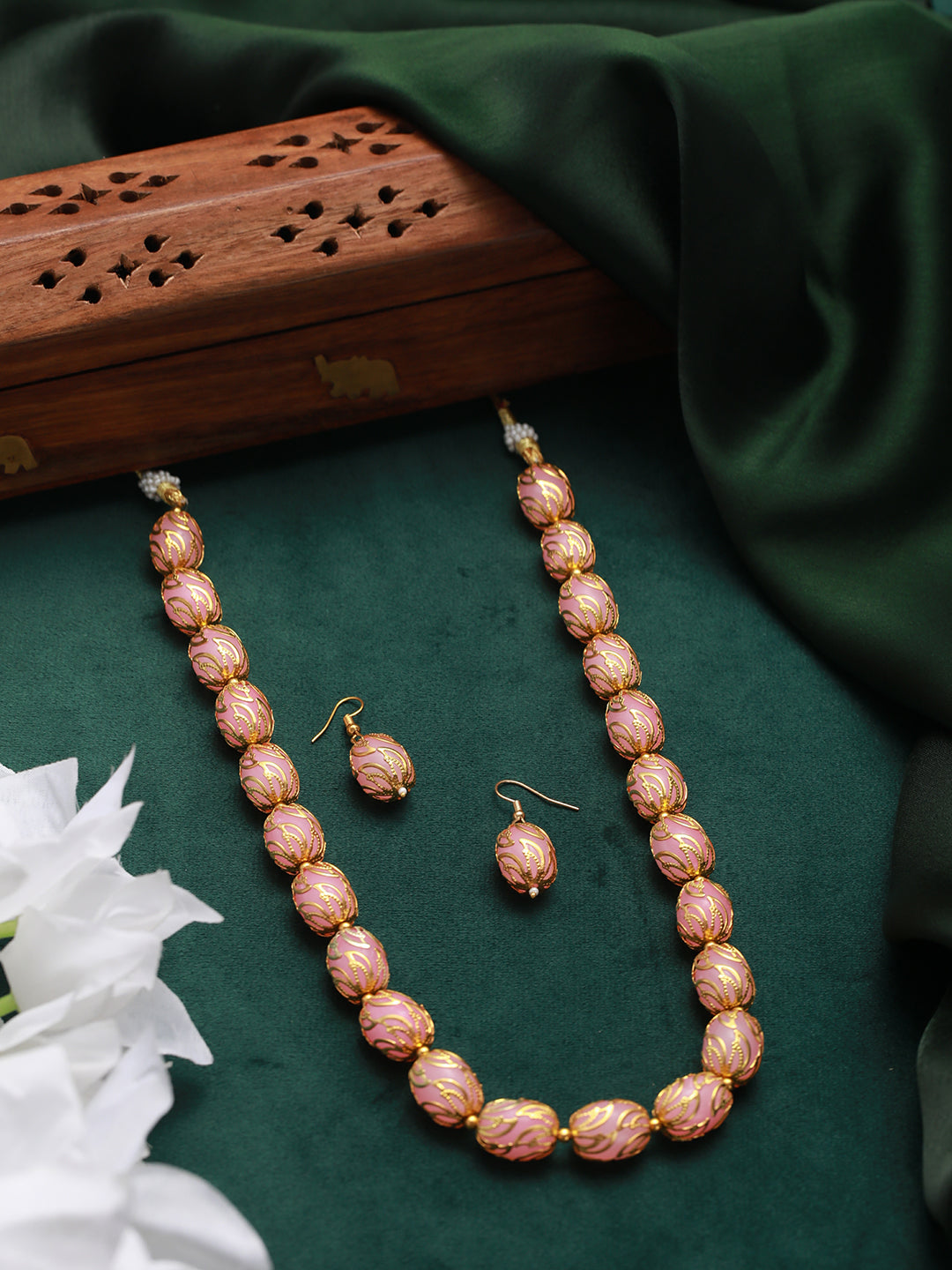 Gold- Plated Pink & Gold Beads Handcrafted Mala With Earrings - Jazzandsizzle