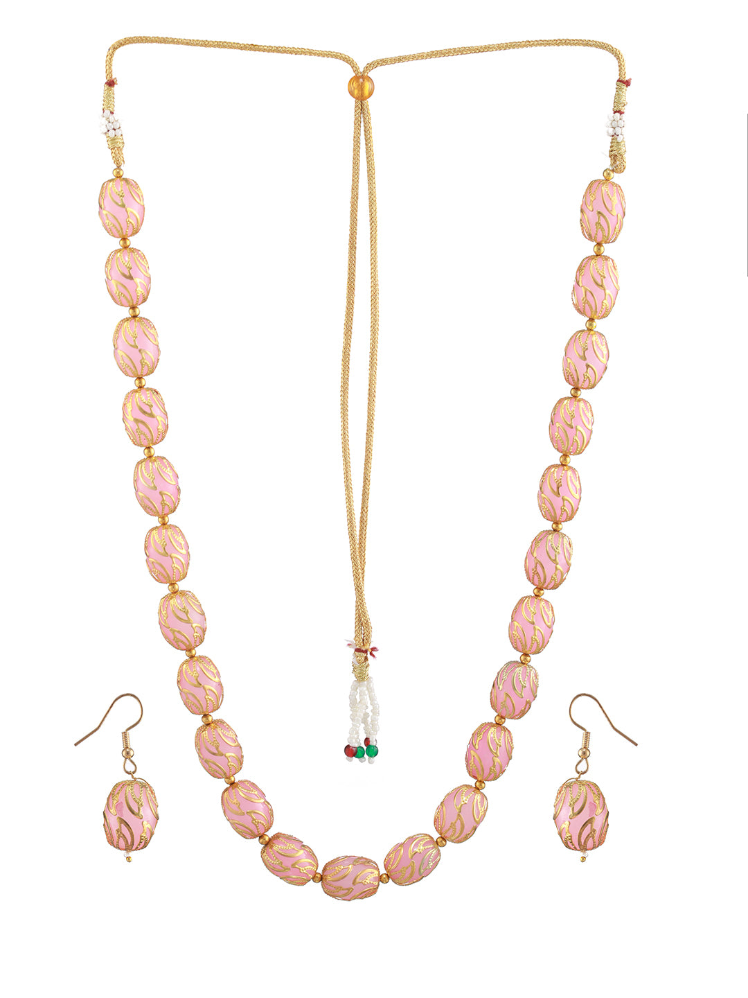 Gold- Plated Pink & Gold Beads Handcrafted Mala With Earrings - Jazzandsizzle