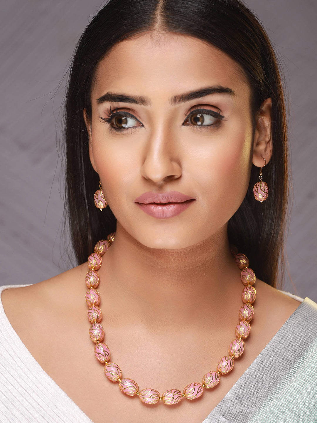 Gold- Plated Pink & Gold Beads Handcrafted Mala With Earrings - Jazzandsizzle