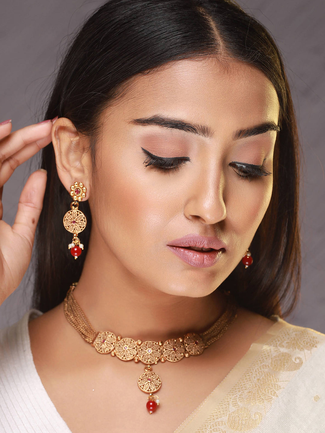 24K Gold-Plated Ruby Studded Handcrafted Filigree Jewellery Set - Jazzandsizzle