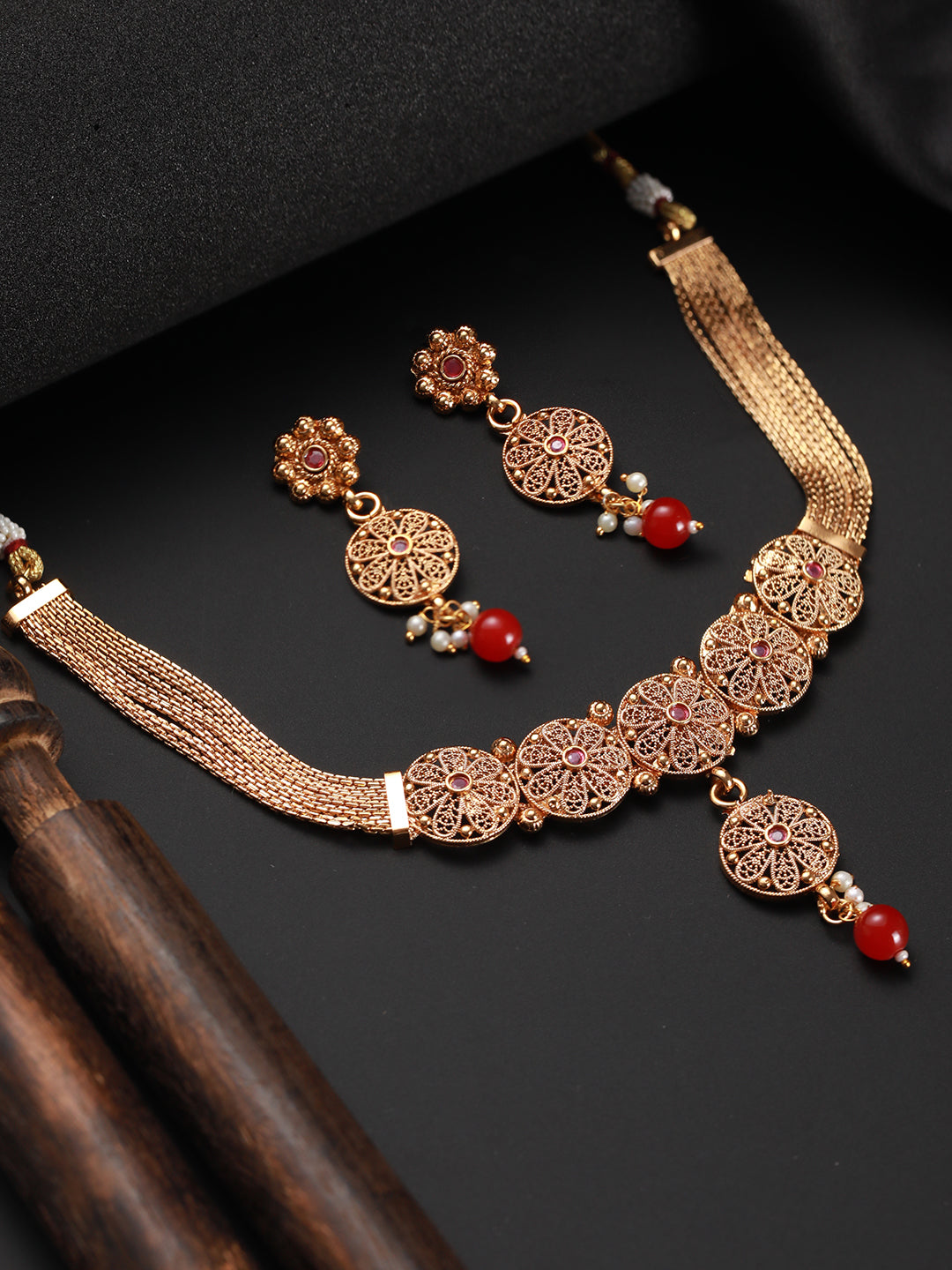 24K Gold-Plated Ruby Studded Handcrafted Filigree Jewellery Set - Jazzandsizzle