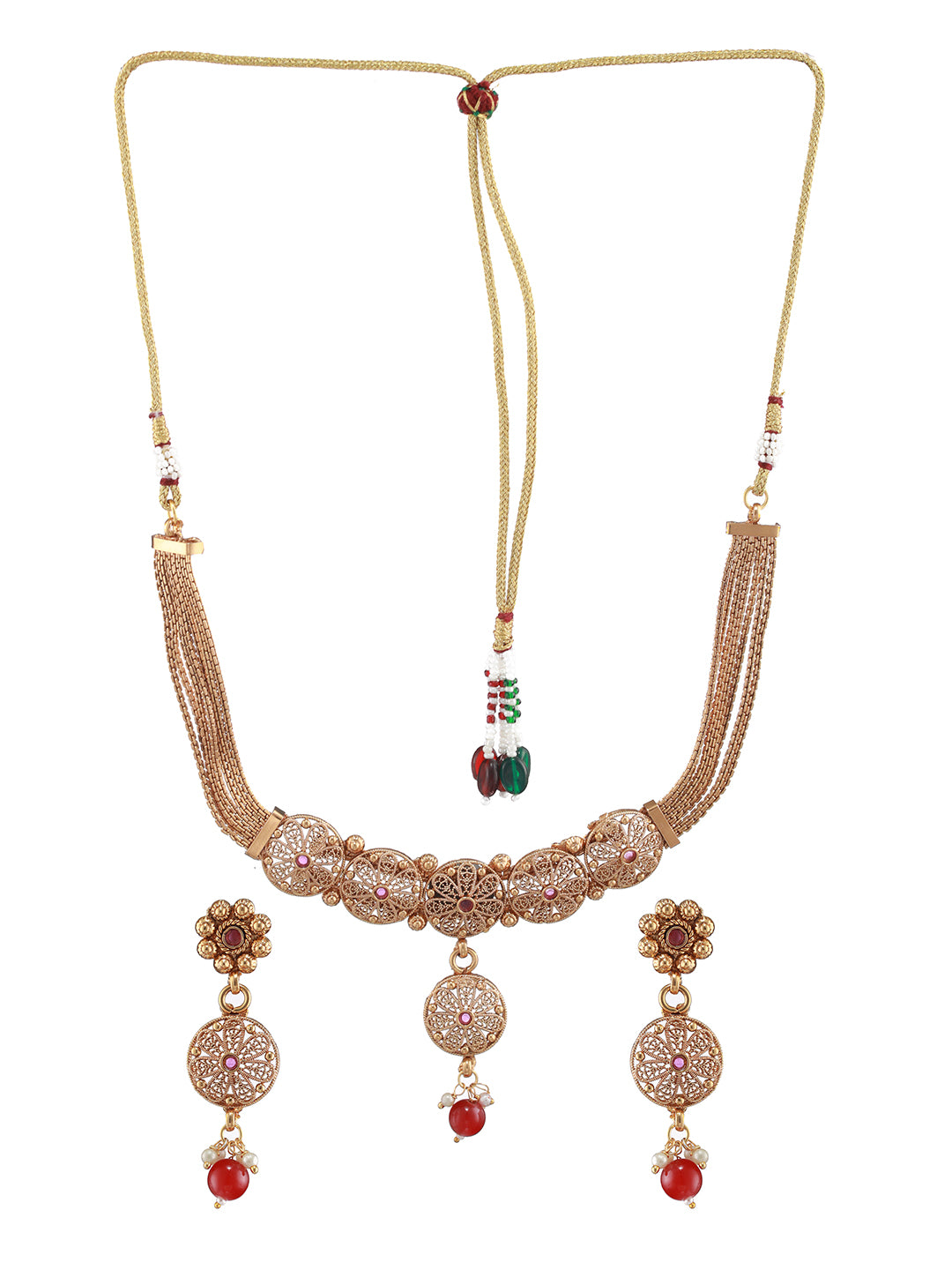 24K Gold-Plated Ruby Studded Handcrafted Filigree Jewellery Set - Jazzandsizzle