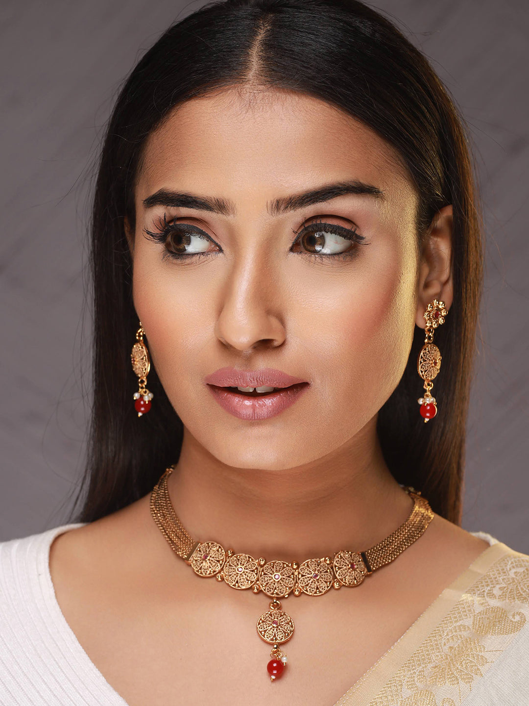 24K Gold-Plated Ruby Studded Handcrafted Filigree Jewellery Set - Jazzandsizzle