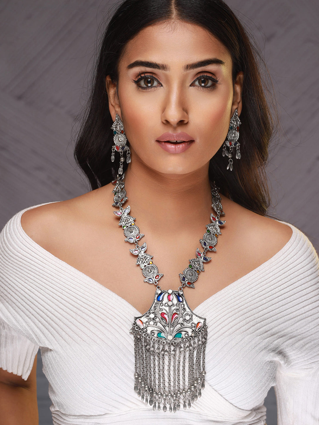 Oxidised Silver-Plated Meenakari & Ghungroo Beads Studded Handcrafted Jewellery Set - Jazzandsizzle