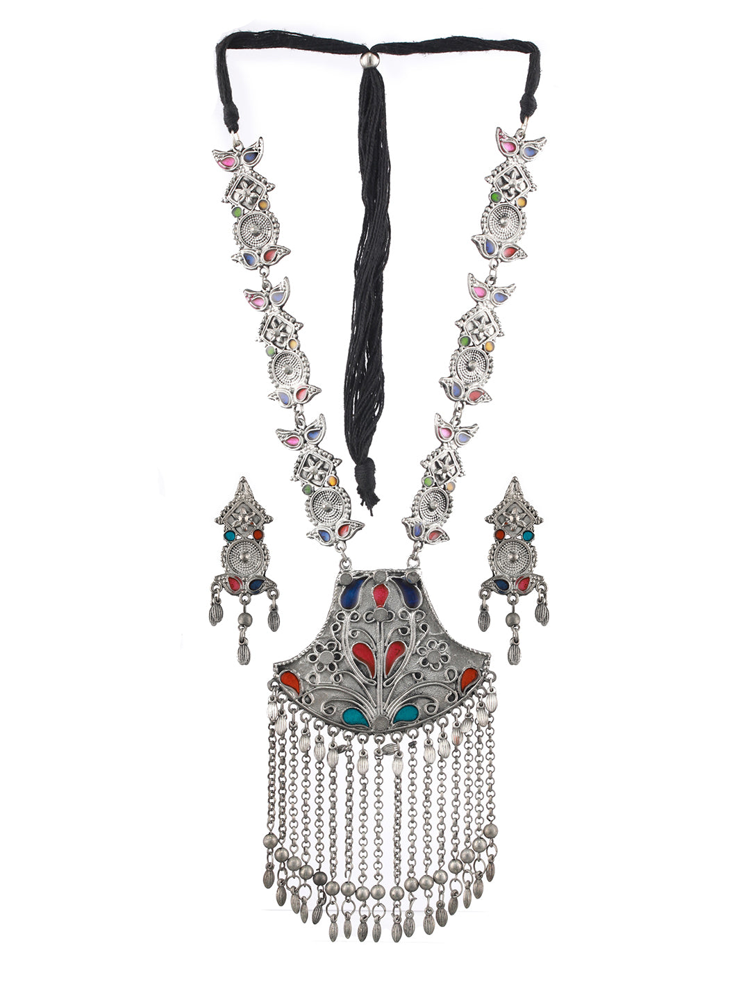 Oxidised Silver-Plated Meenakari & Ghungroo Beads Studded Handcrafted Jewellery Set - Jazzandsizzle