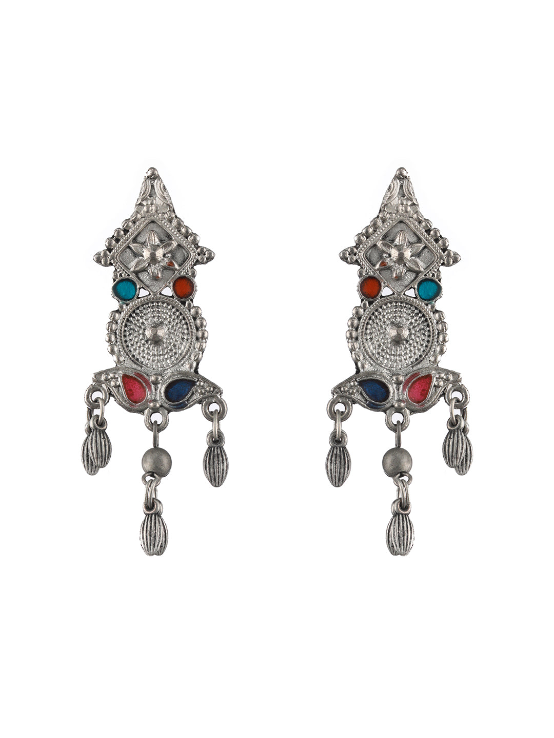 Oxidised Silver-Plated Meenakari & Ghungroo Beads Studded Handcrafted Jewellery Set - Jazzandsizzle