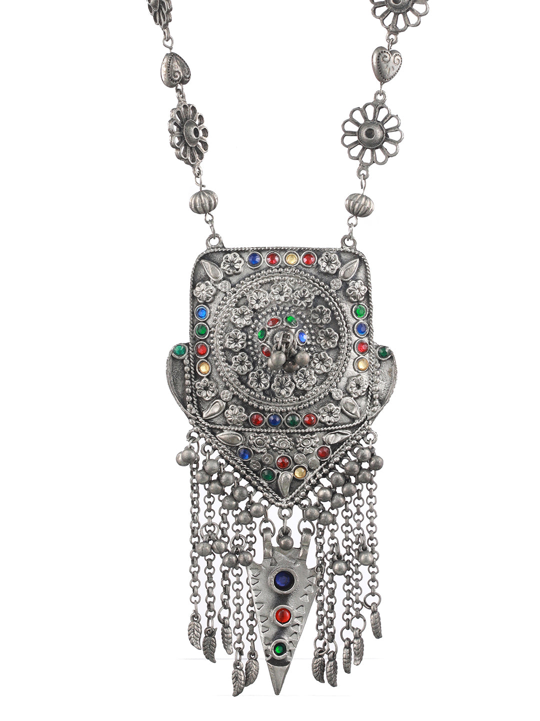 Multicolored Oxidised Silver-Plated Handcrafted Afghan Necklace - Jazzandsizzle
