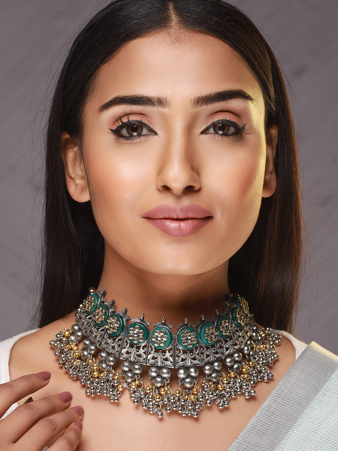 Silver-Plated & Gold-Toned Oxidised Beaded & Kundan studded Choker Necklace - Jazzandsizzle
