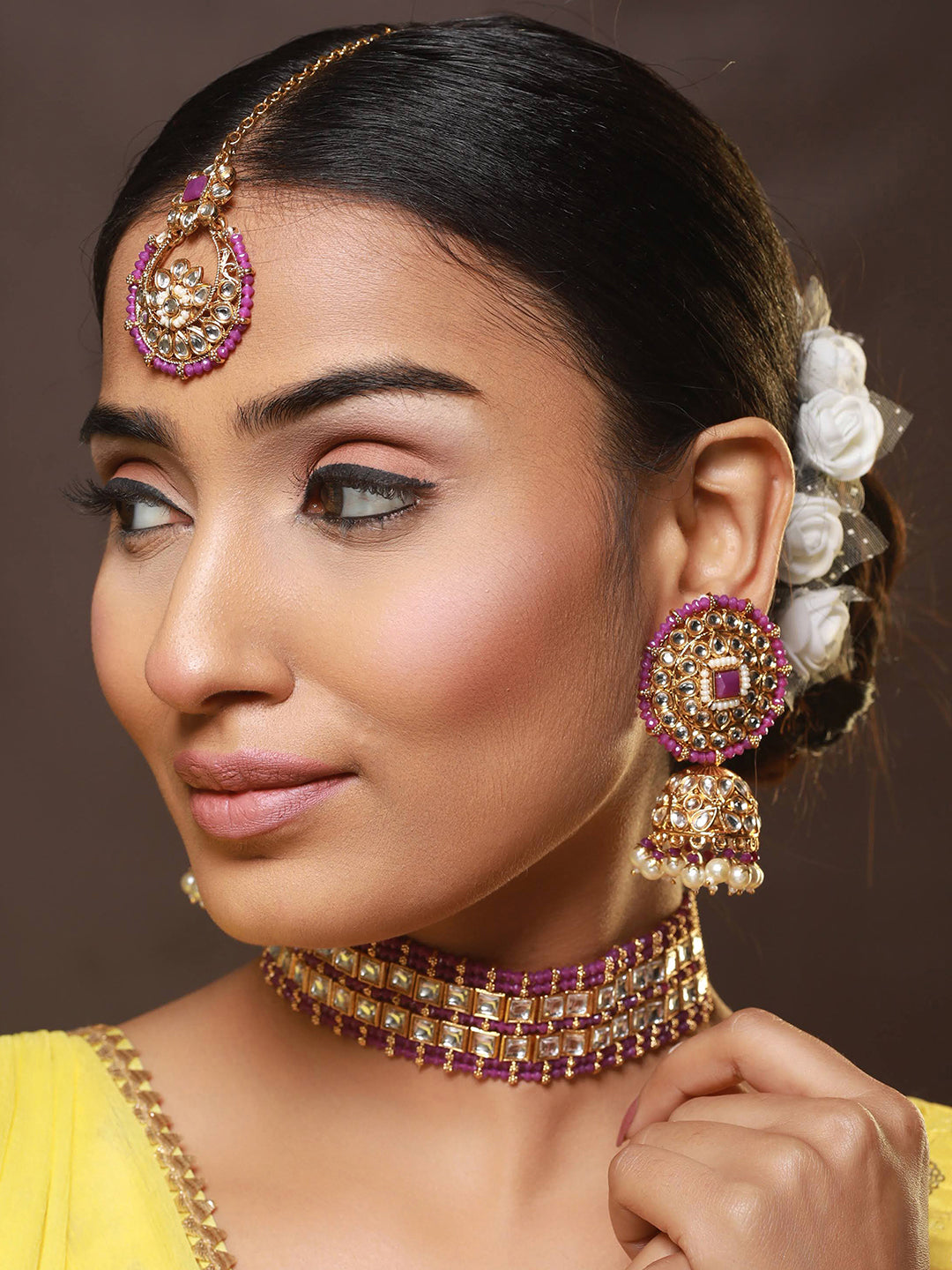 Gold-Plated Wine Kundan Studded & Pearl Beaded Choker Jewellery Set with Maangtikka - Jazzandsizzle