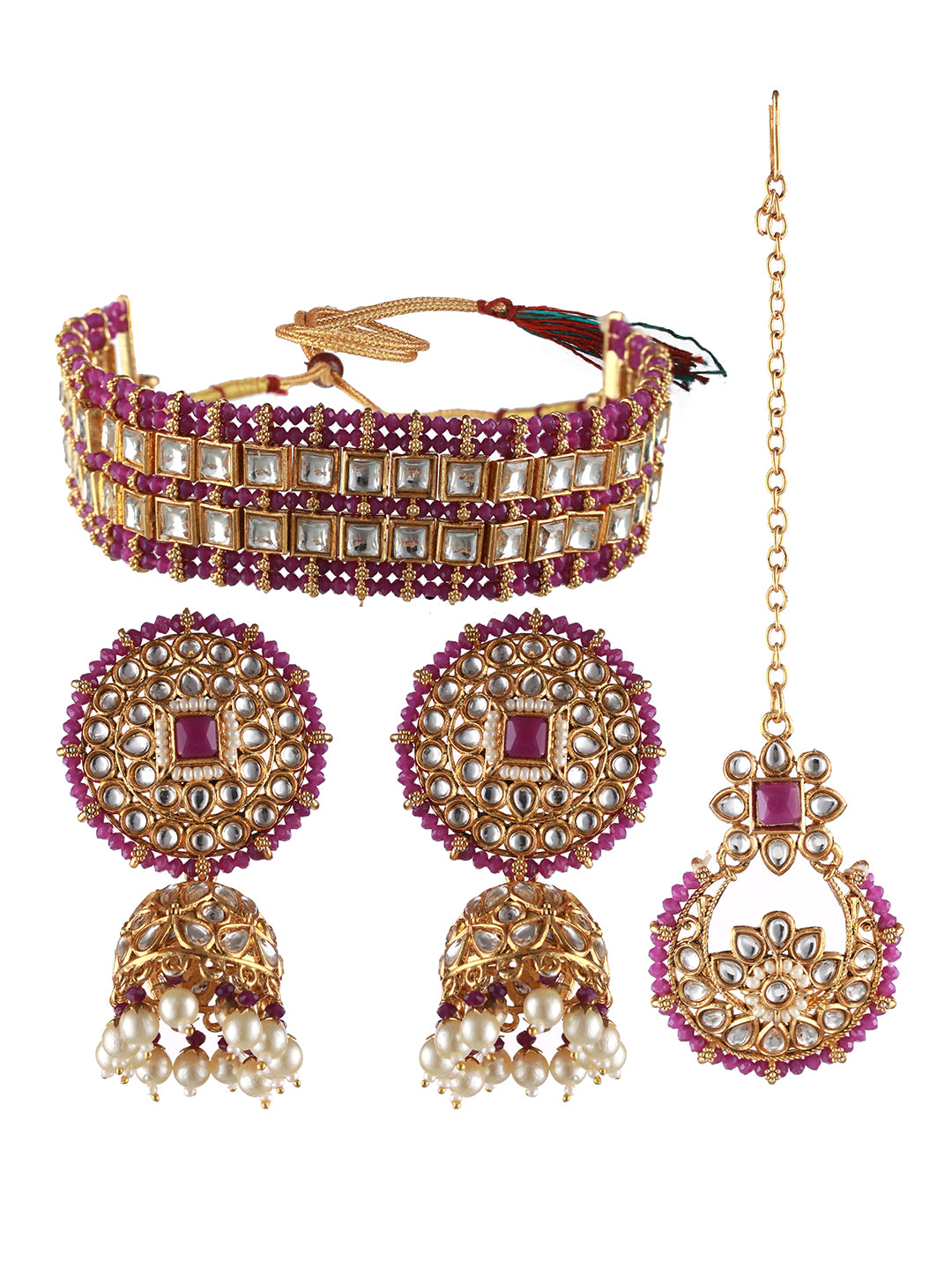 Gold-Plated Wine Kundan Studded & Pearl Beaded Choker Jewellery Set with Maangtikka - Jazzandsizzle