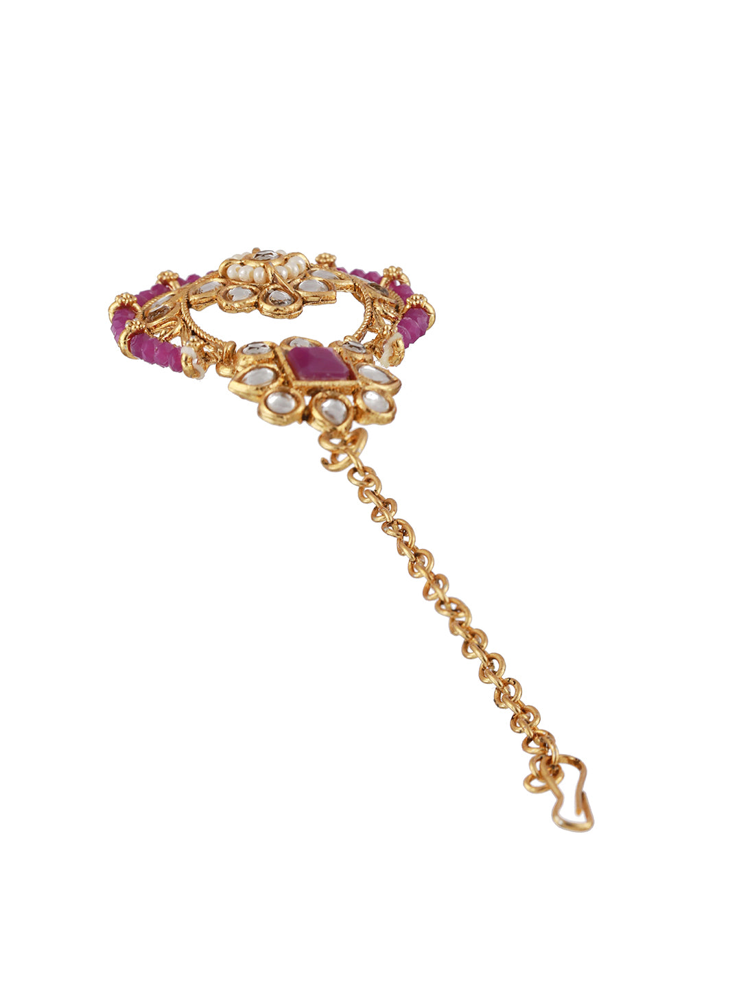 Gold-Plated Wine Kundan Studded & Pearl Beaded Choker Jewellery Set with Maangtikka - Jazzandsizzle