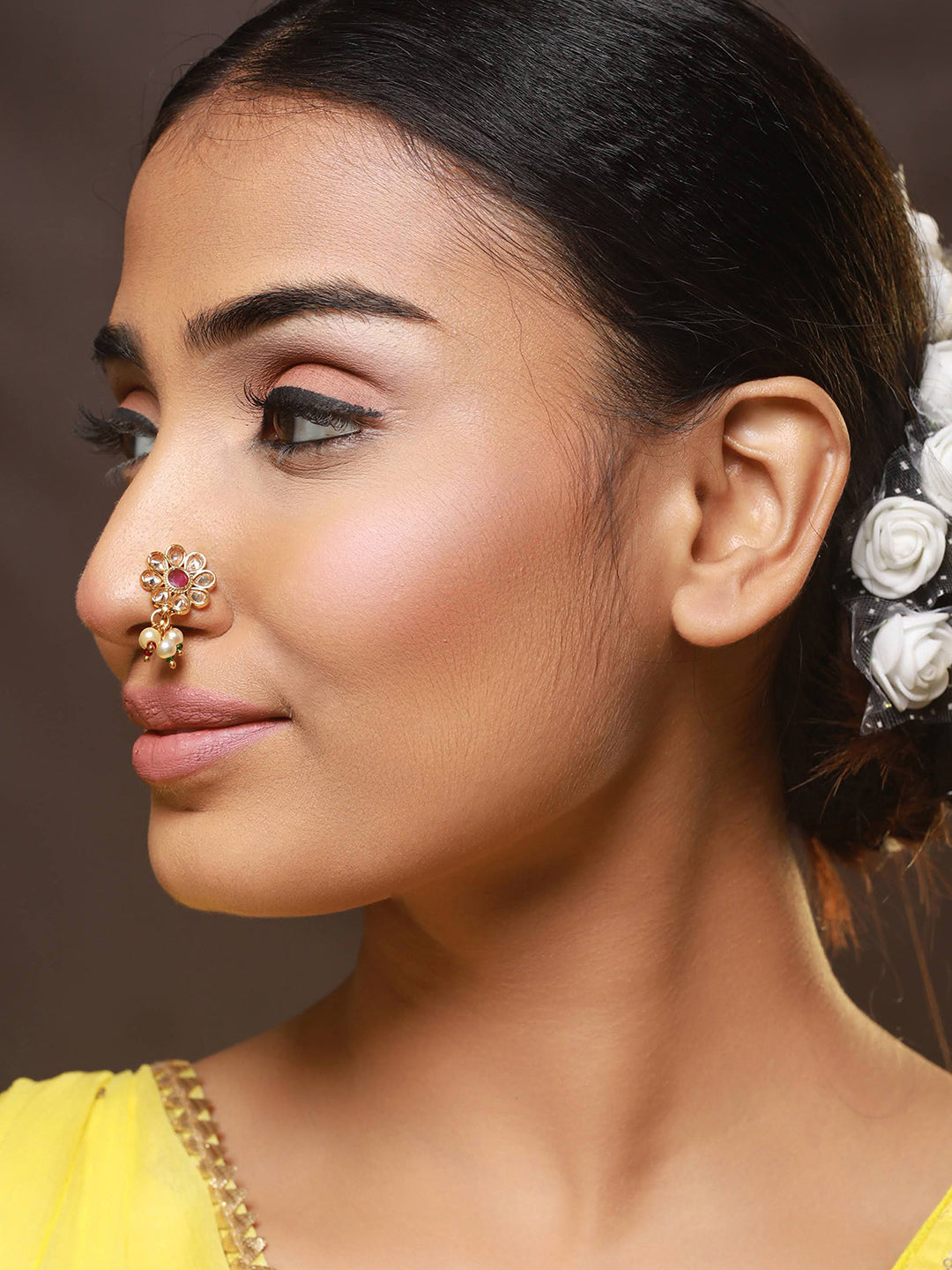 Gold-Plated Red & Green Kundan Studded Flower Nose Pin - Jazzandsizzle
