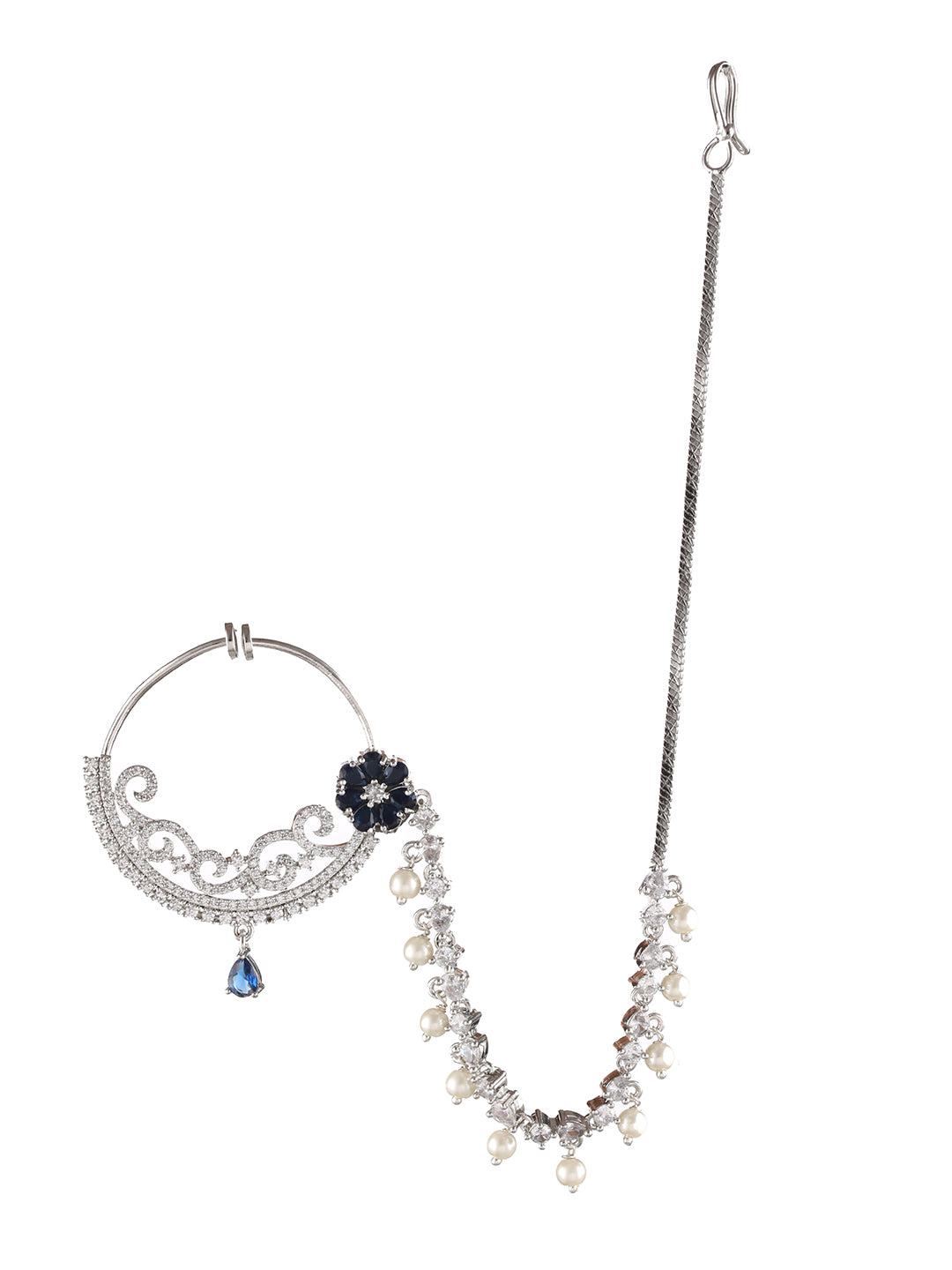 Silver Plated Blue Floral American Diamond Studded Handcrafted Nose Ring With Pearl Drop Chain - Jazzandsizzle