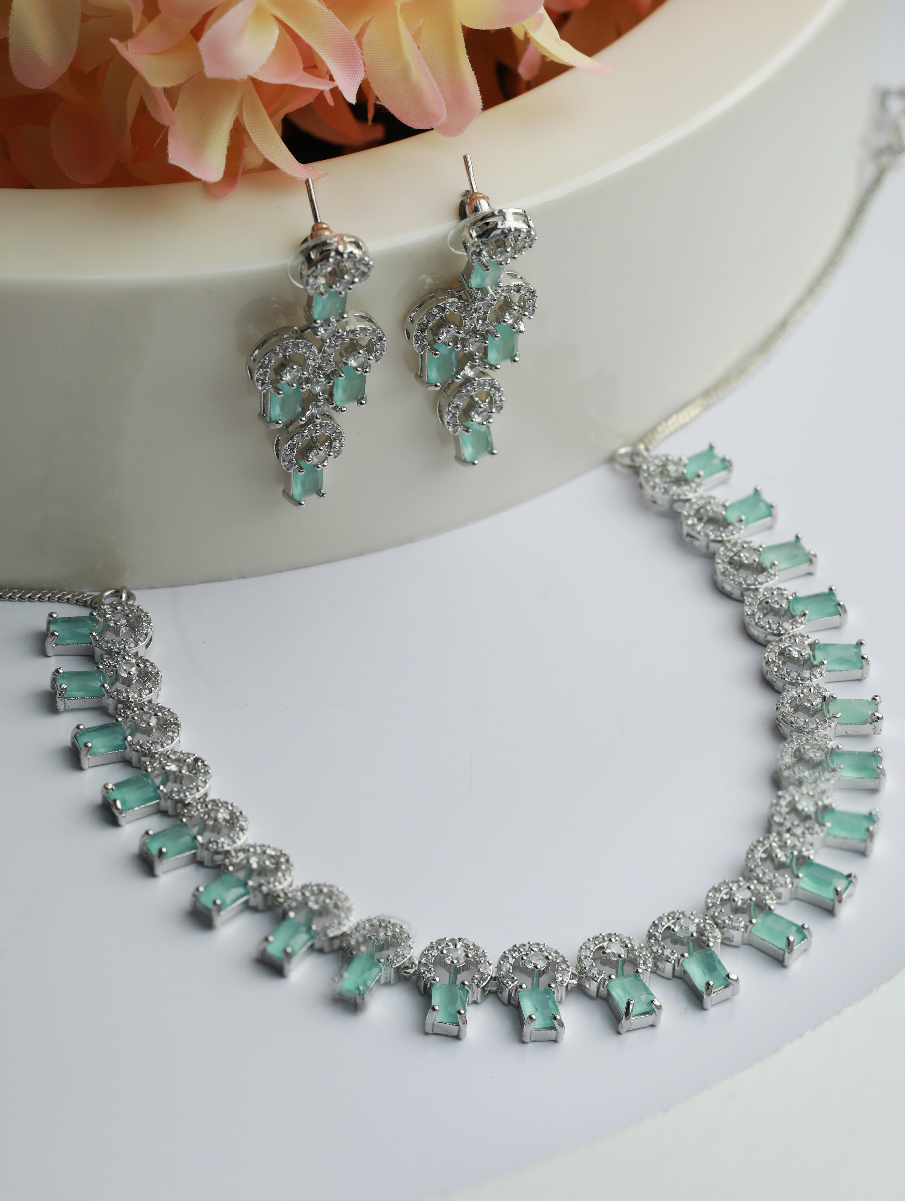 Silver-Plated CZ Studded Pastel Green American Diamond Handcrafted Necklace Set - Jazzandsizzle