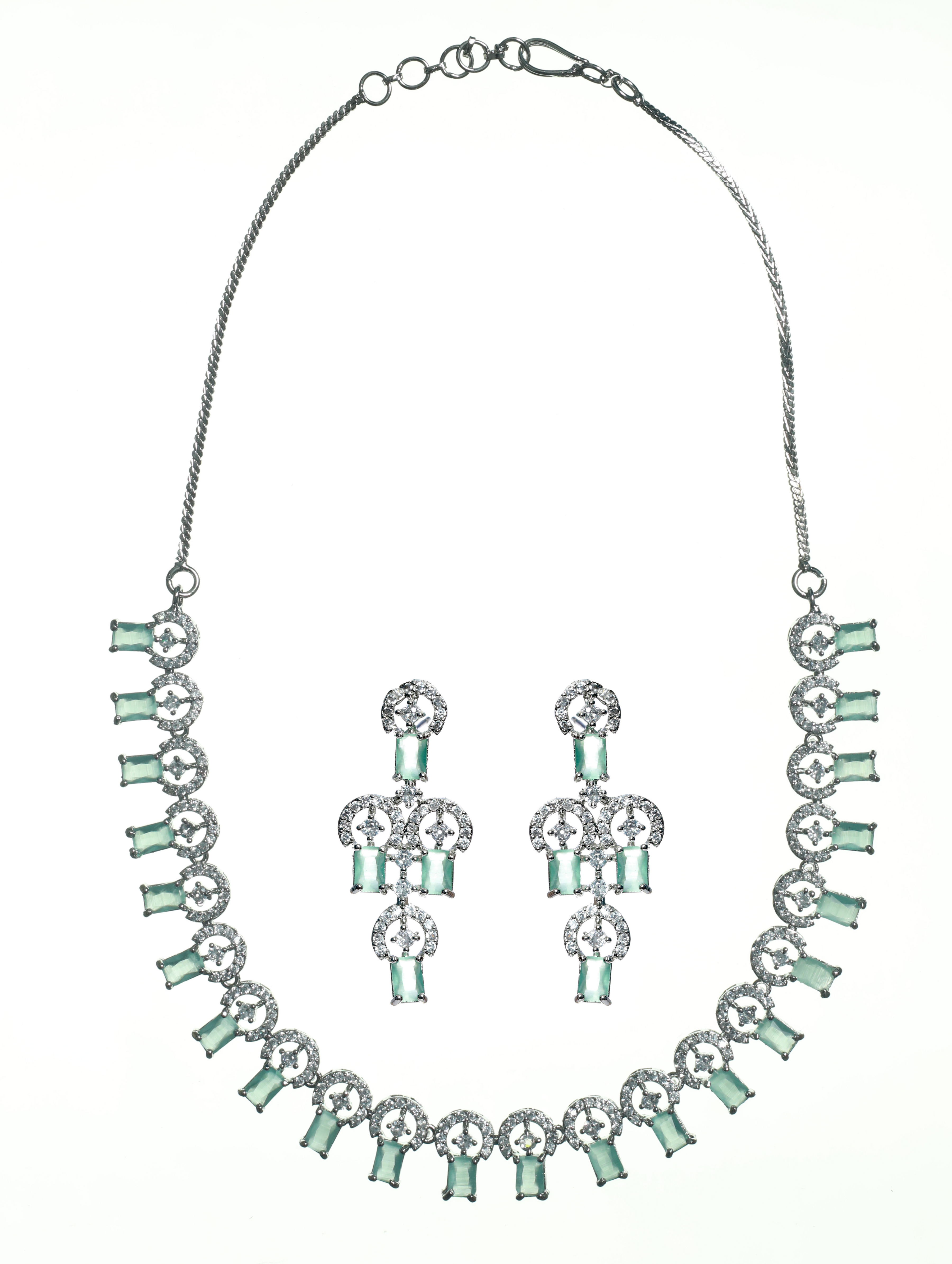 Silver-Plated CZ Studded Pastel Green American Diamond Handcrafted Necklace Set - Jazzandsizzle