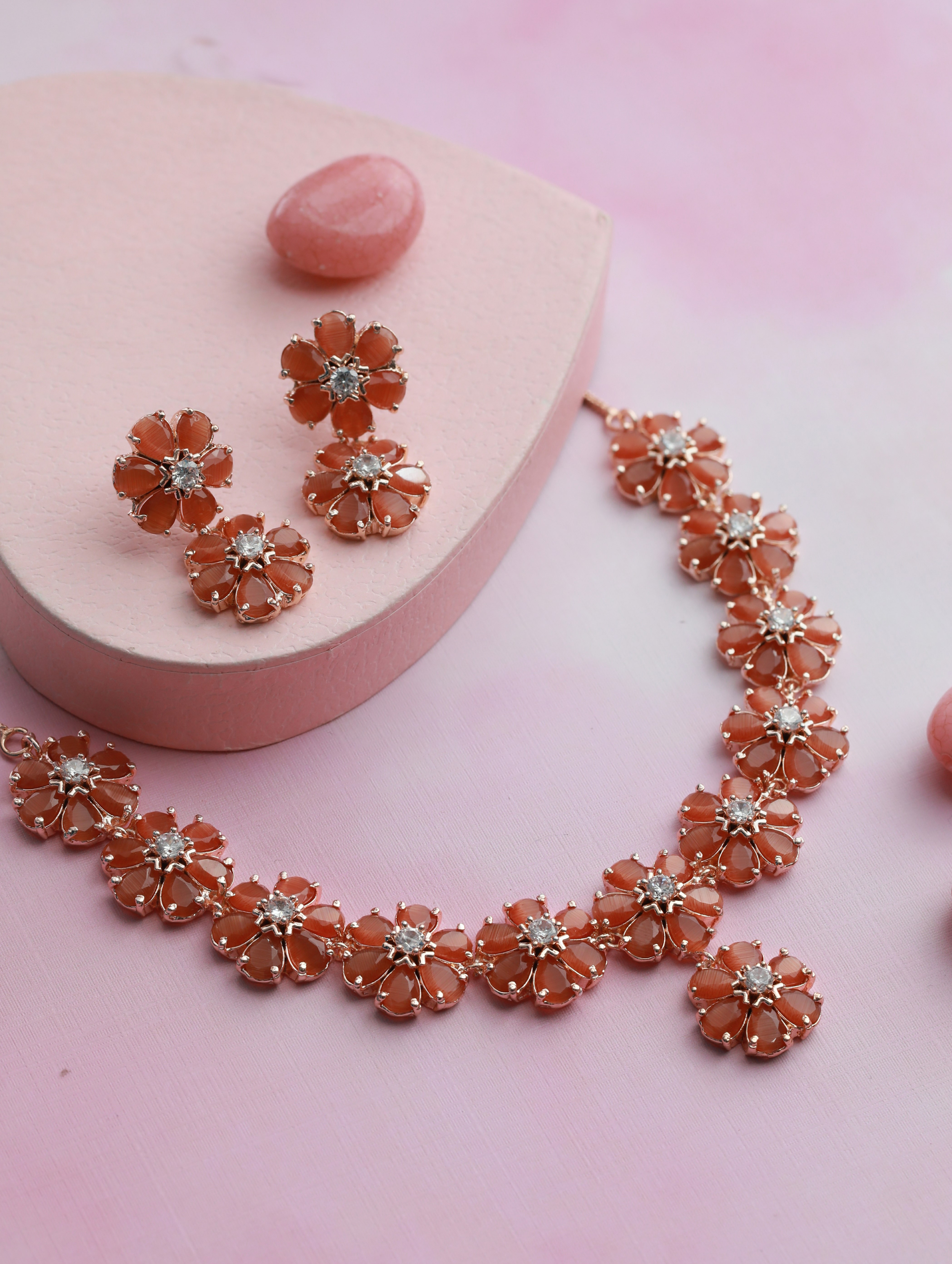 Rose Gold-Plated Peach American Diamond & CZ Stone-Studded Jewellery Set - Jazzandsizzle