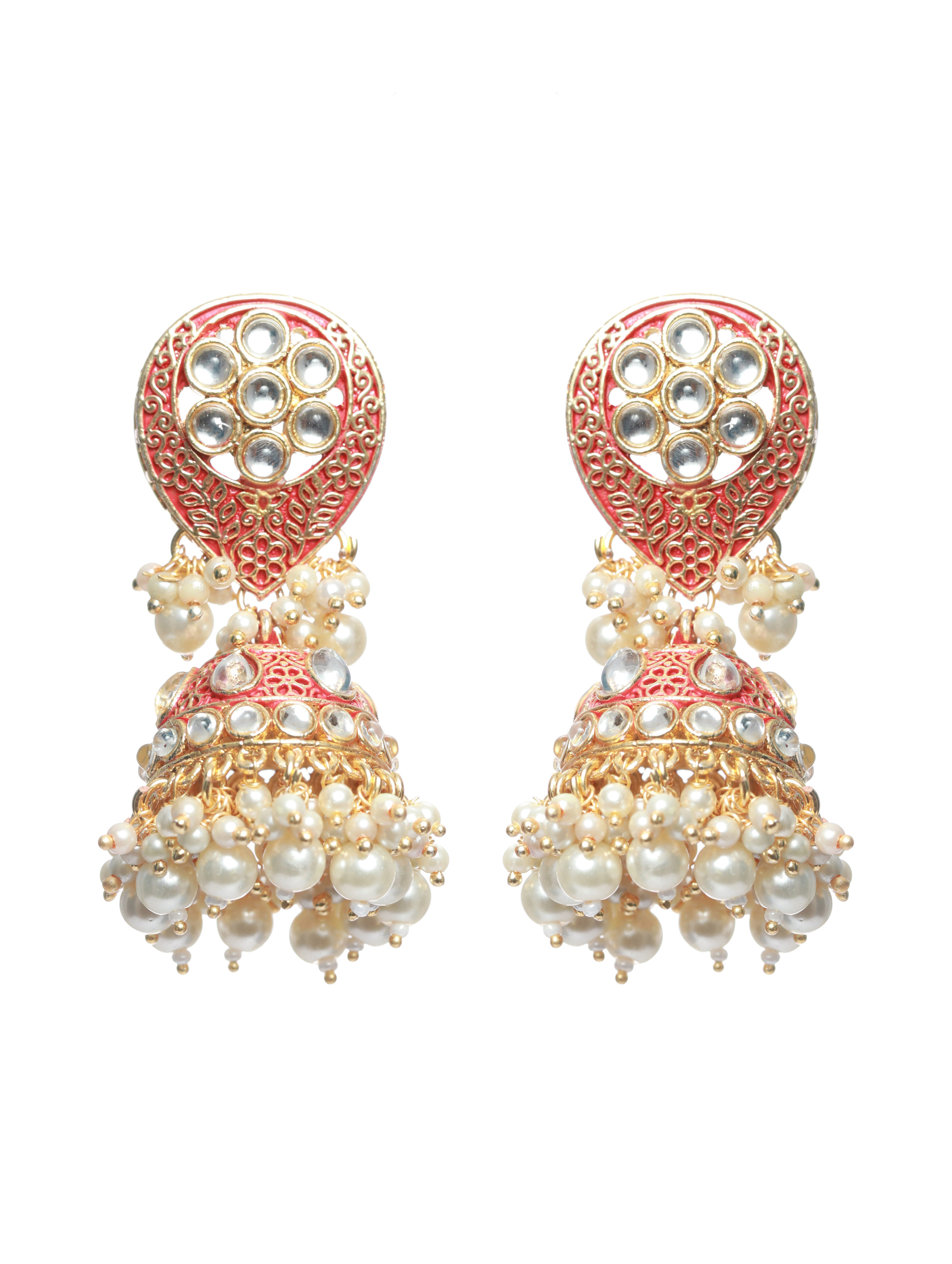 Gold-Plated Marron & White Stone-Studded & Pearl Beaded Meenakari Jewellery Set - Jazzandsizzle